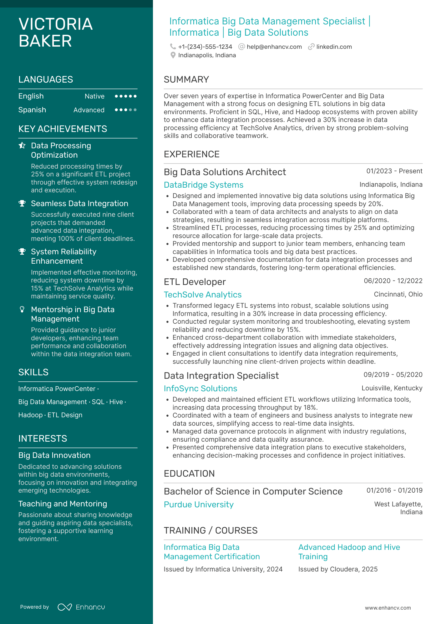 A resume example of a Informatica Big Data Management Specialist
