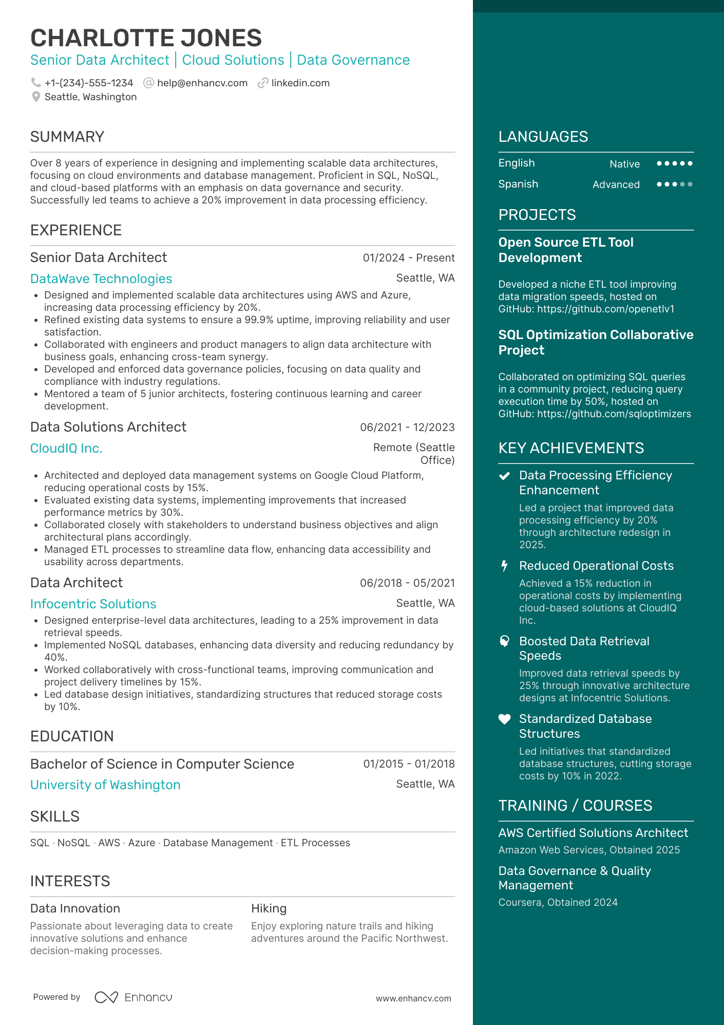 A resume example of a Senior Data Architect