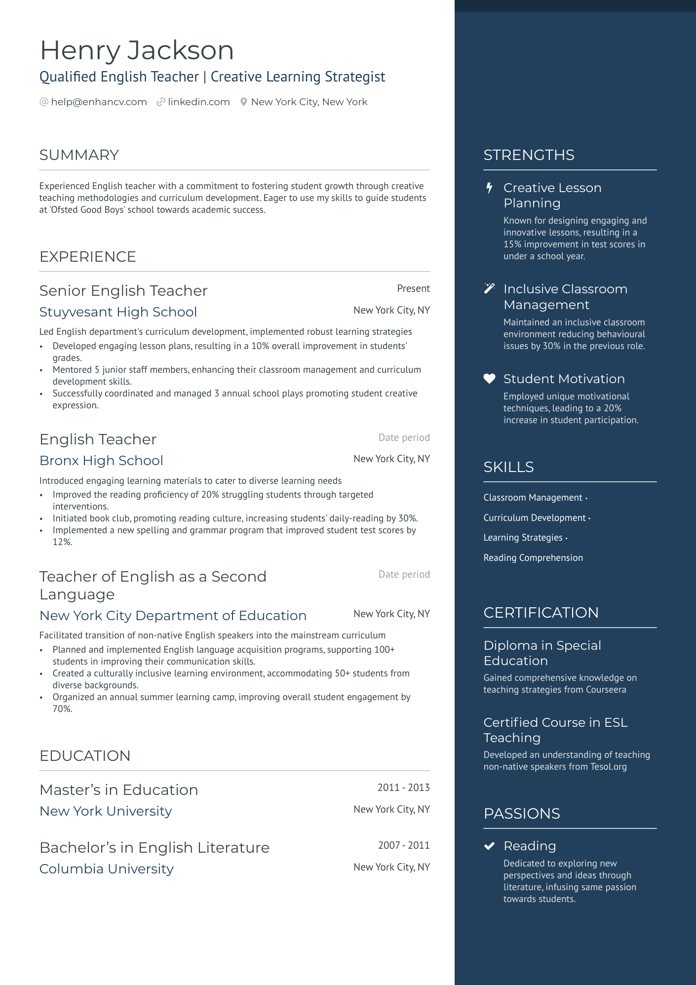 sample resume for english teacher with experience