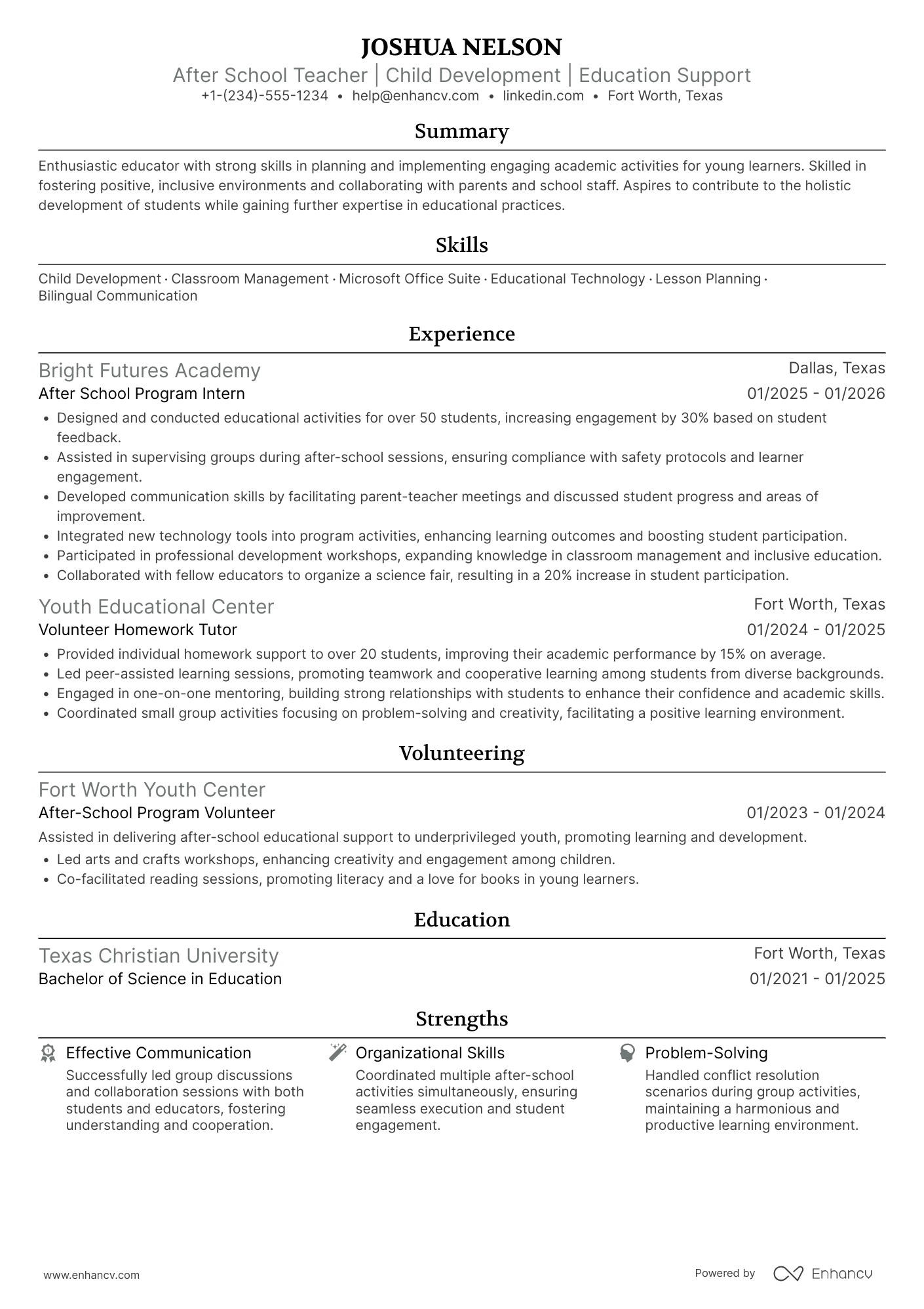 A resume example of a Entry Level After School Teacher