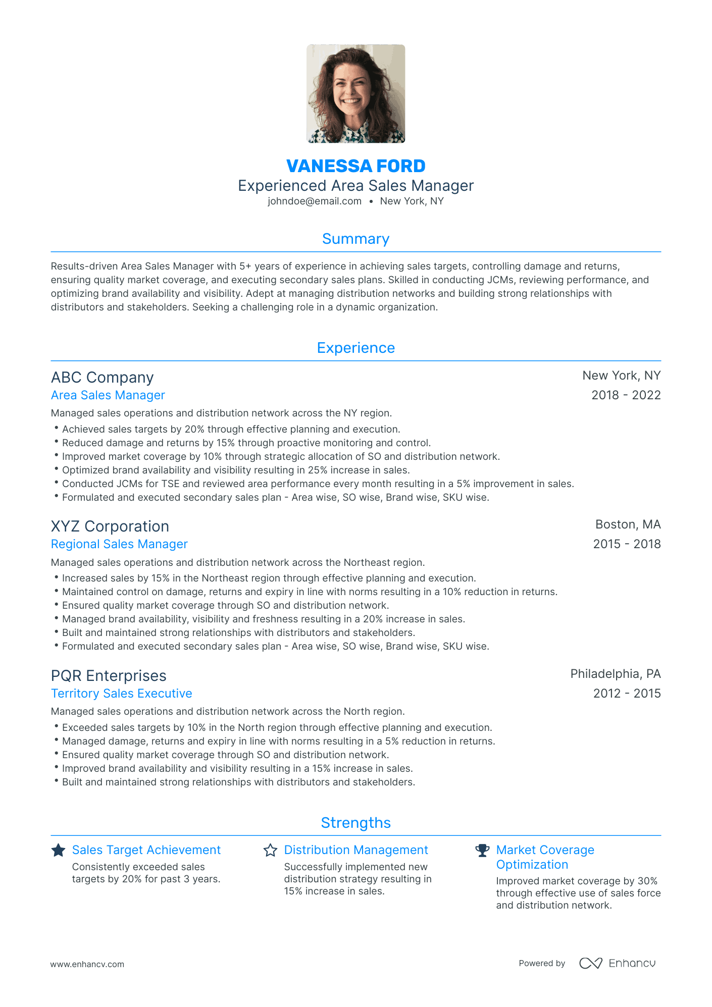 Traditional Area Sales Manager Resume Template