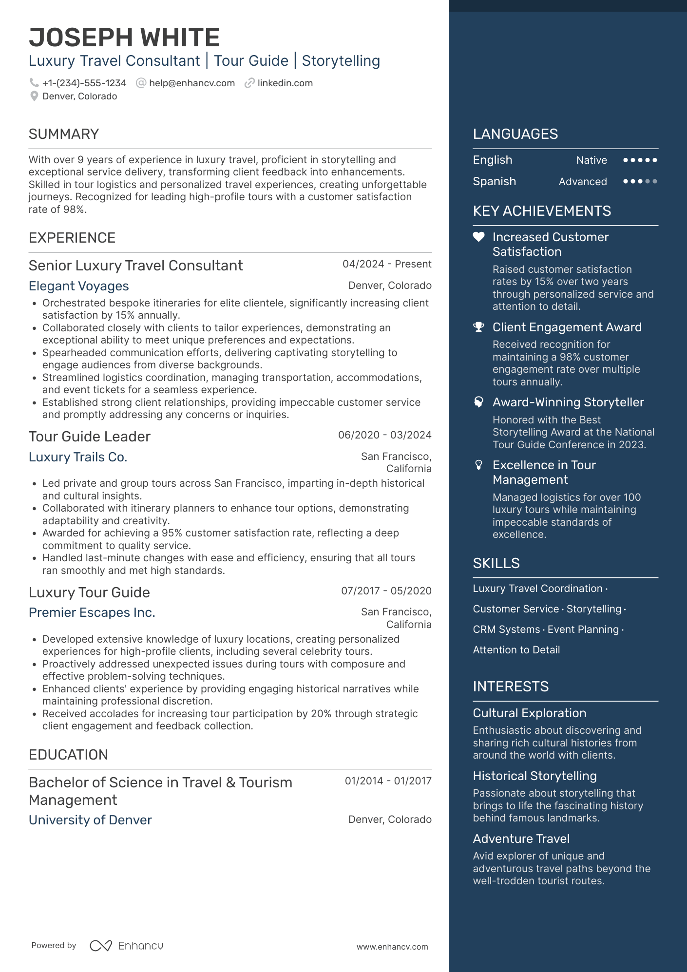 A resume example of a Luxury Tour Guide