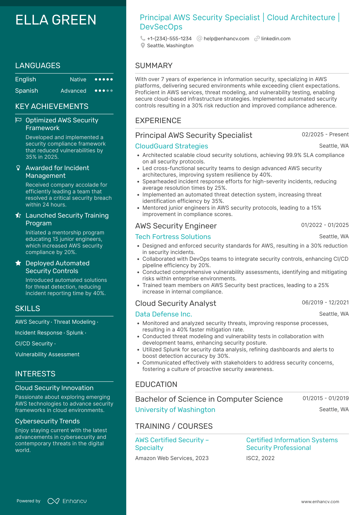 A resume example of a Principal AWS Security Specialist