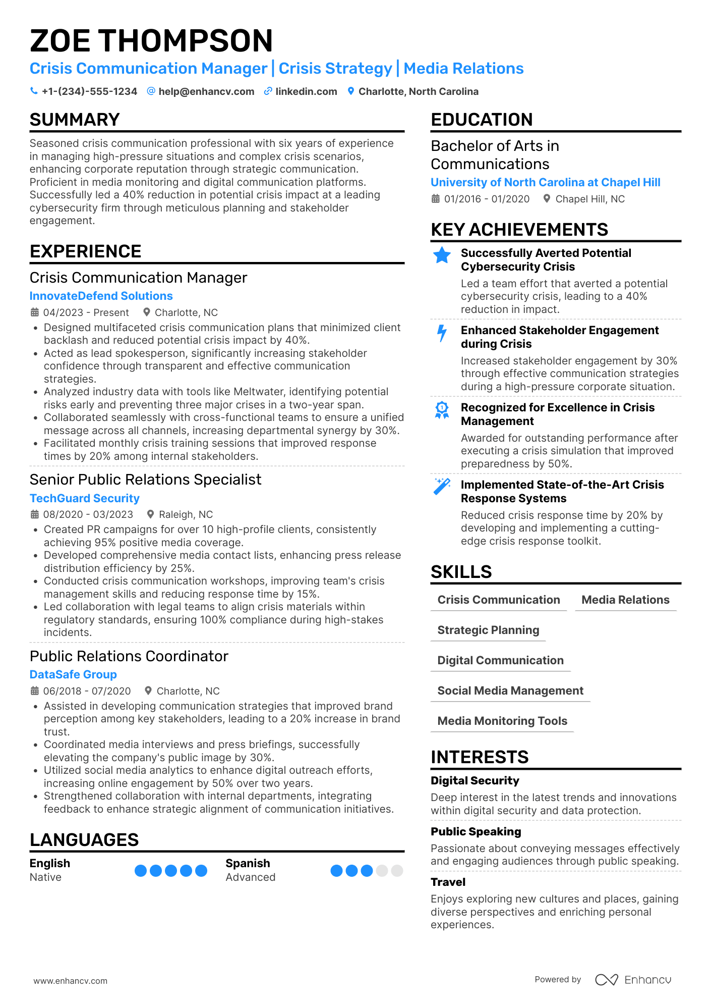 A resume example of a Crisis Communication Manager