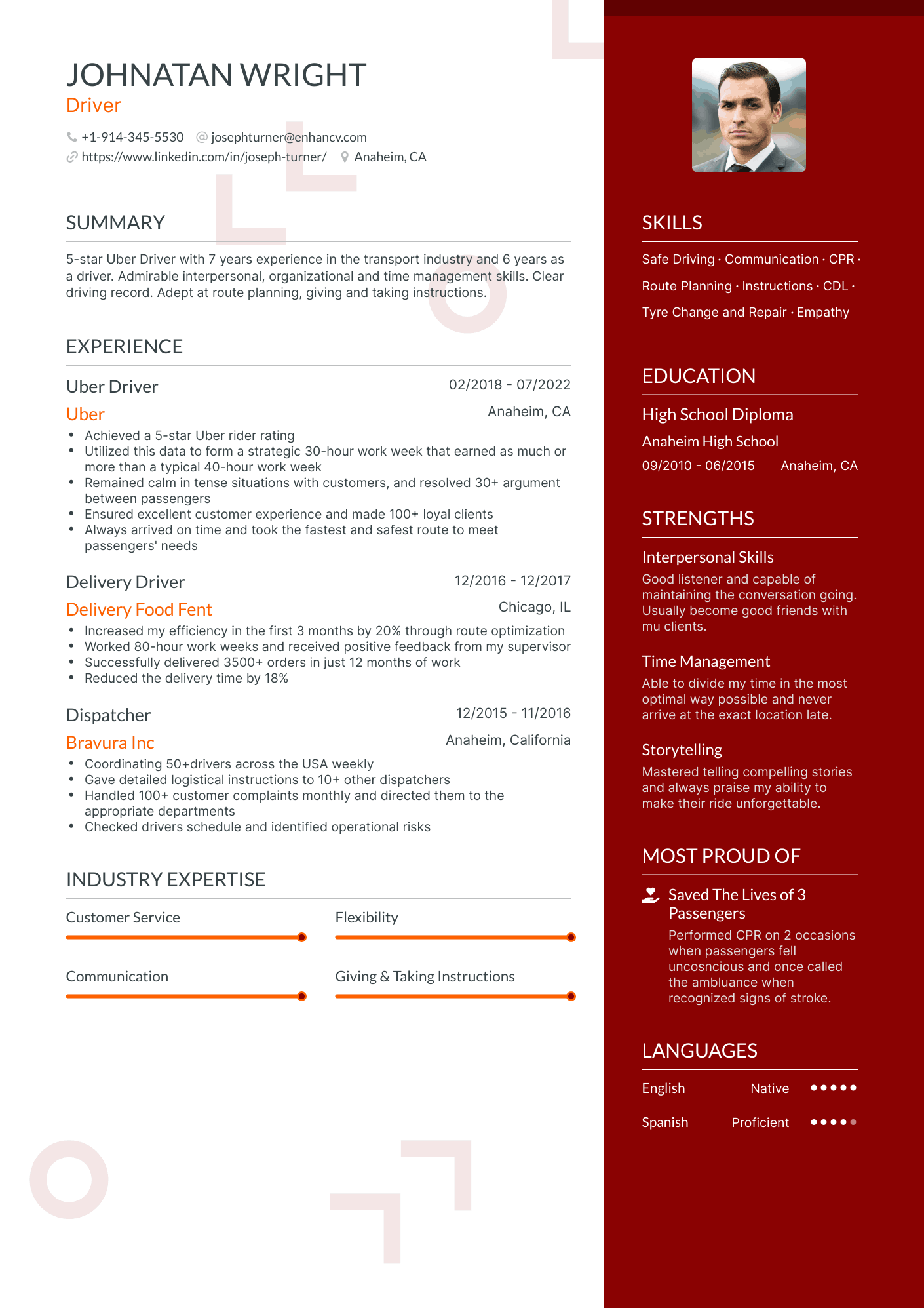 One Page Uber Driver Resume Template