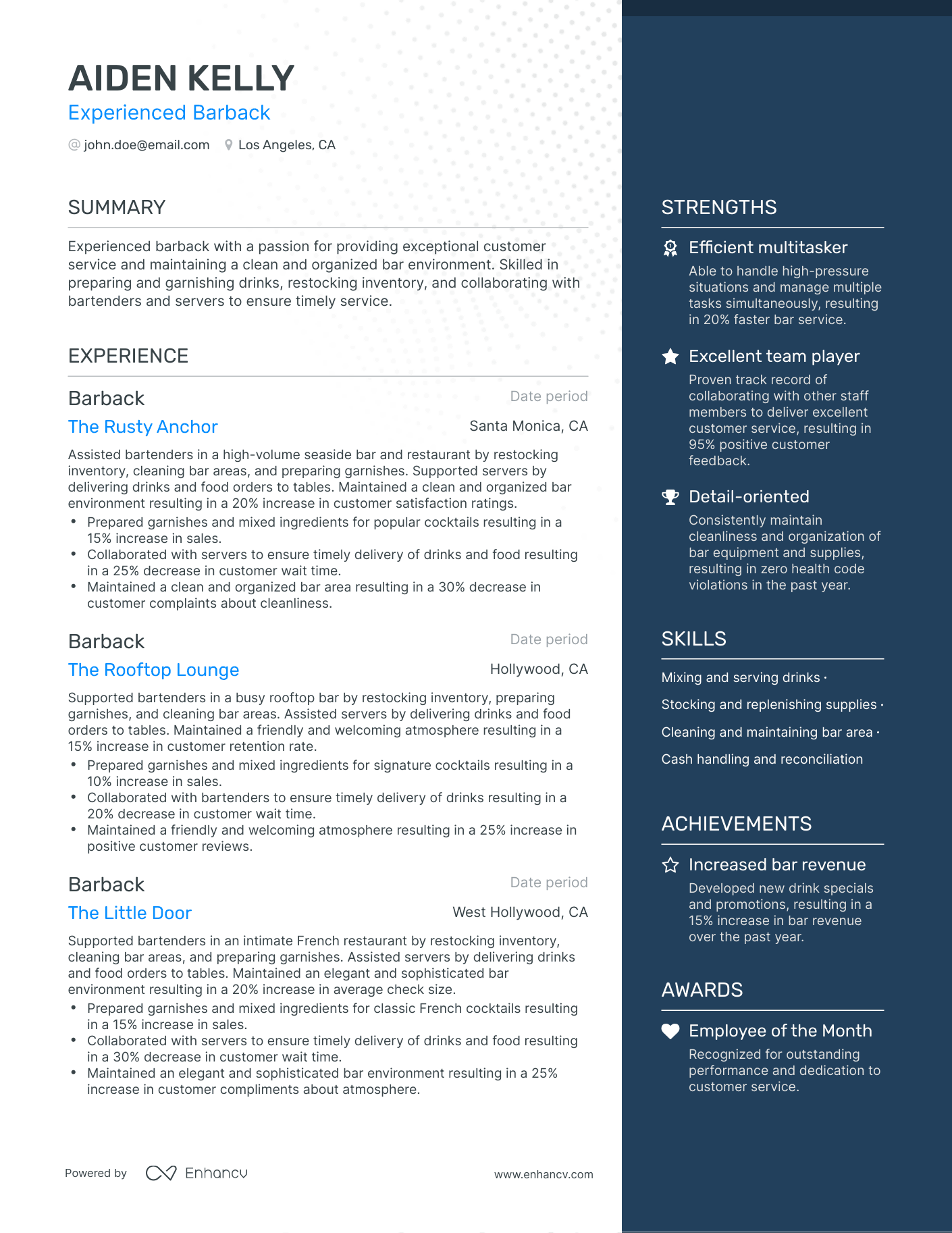 One Page Barback Resume Template