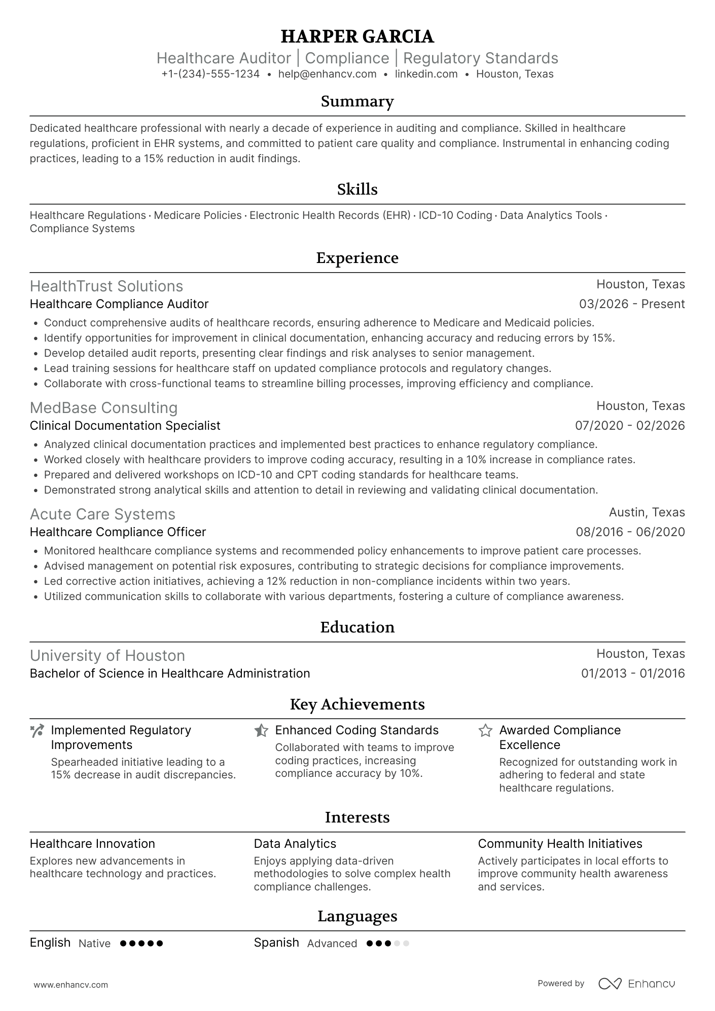 A resume example of a Healthcare Auditor