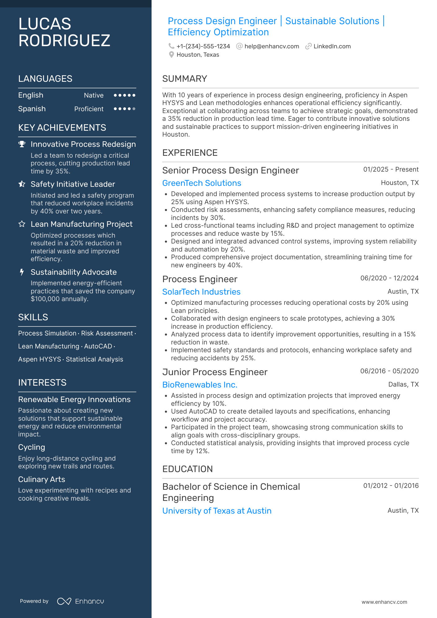 A resume example of a Process Design Engineer