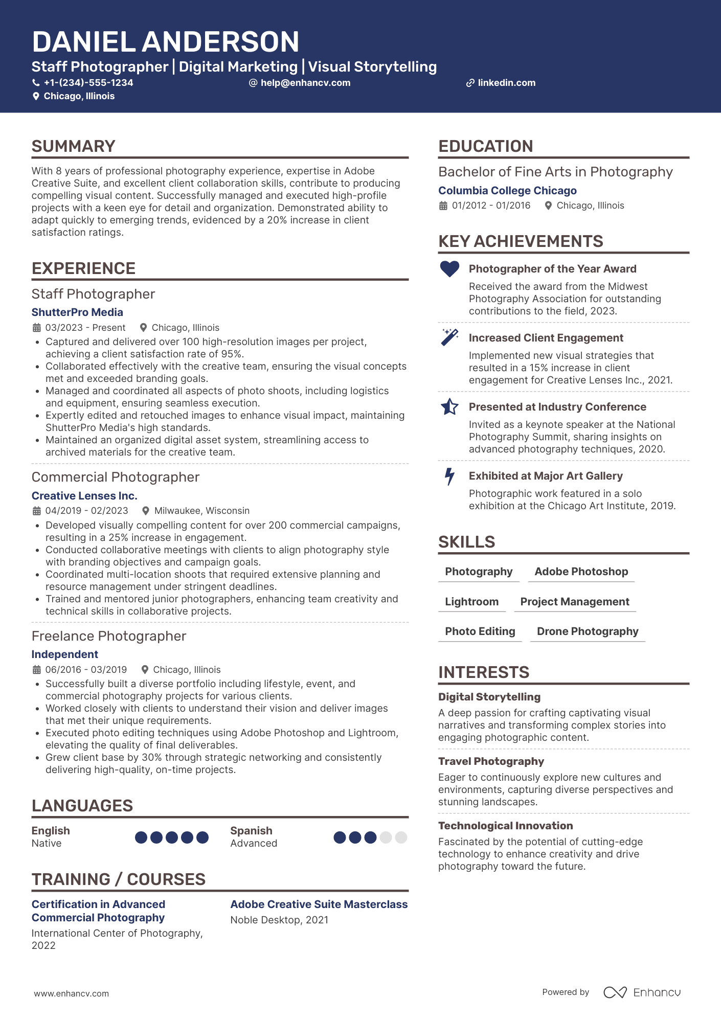 A resume example of a Staff Photographer