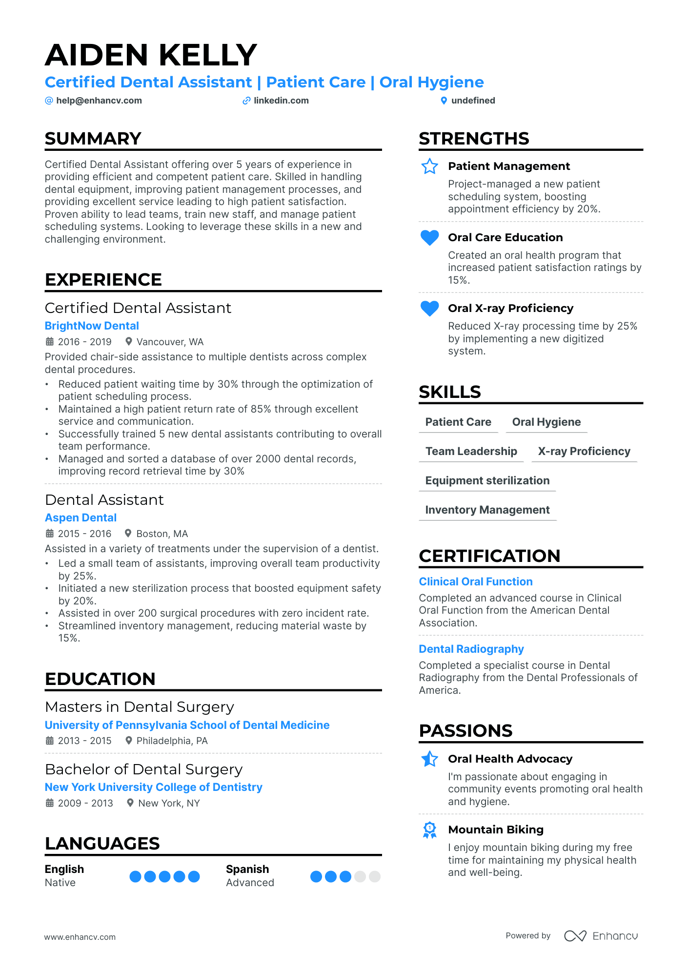 A resume example of a Certified Dental Assistant