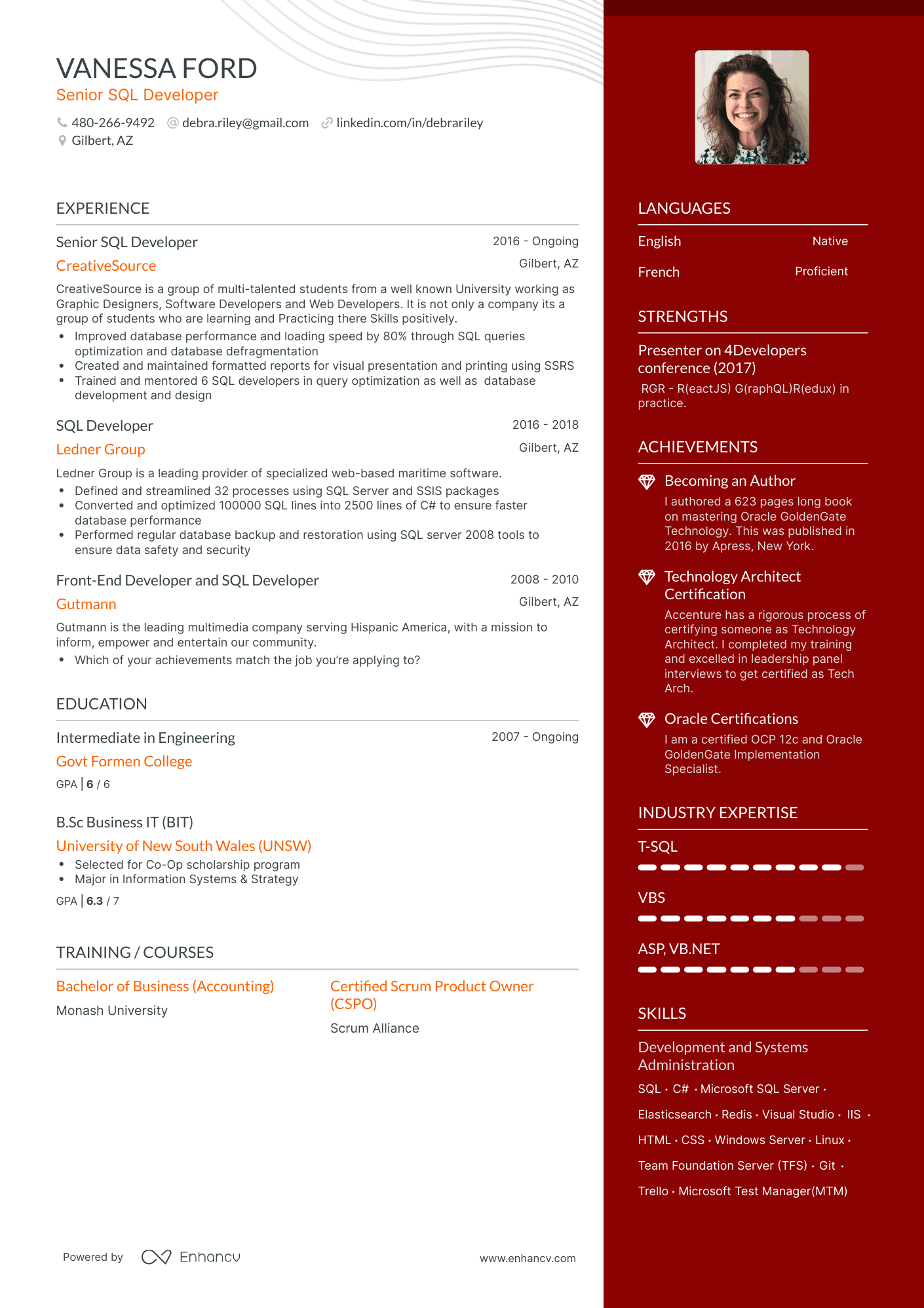 One Page SQL Developer Resume Template