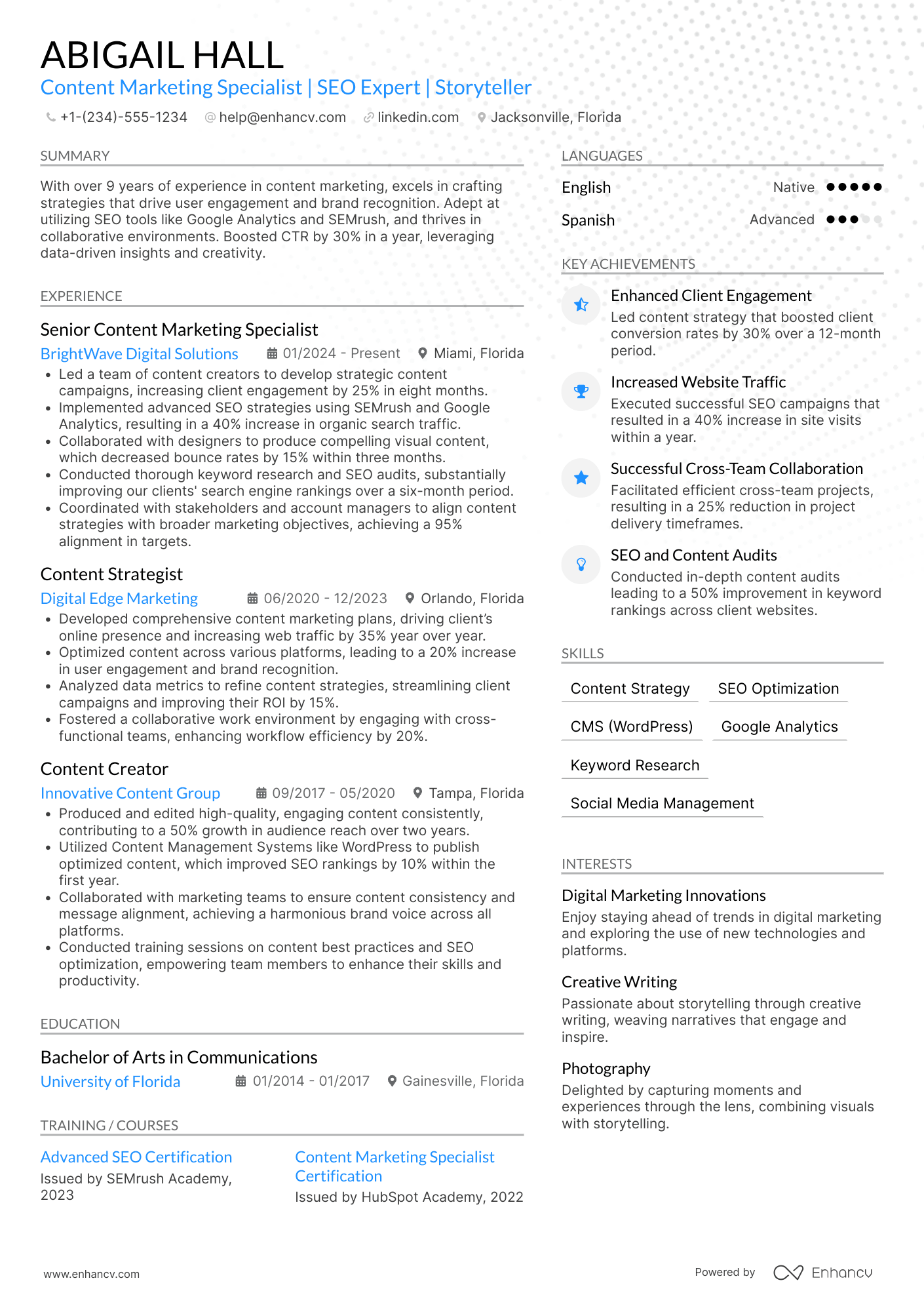 A resume example of a Content Marketing Specialist