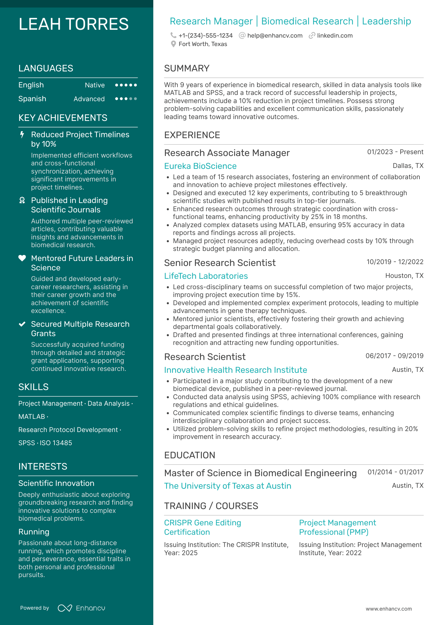 A resume example of a Research Associate Manager