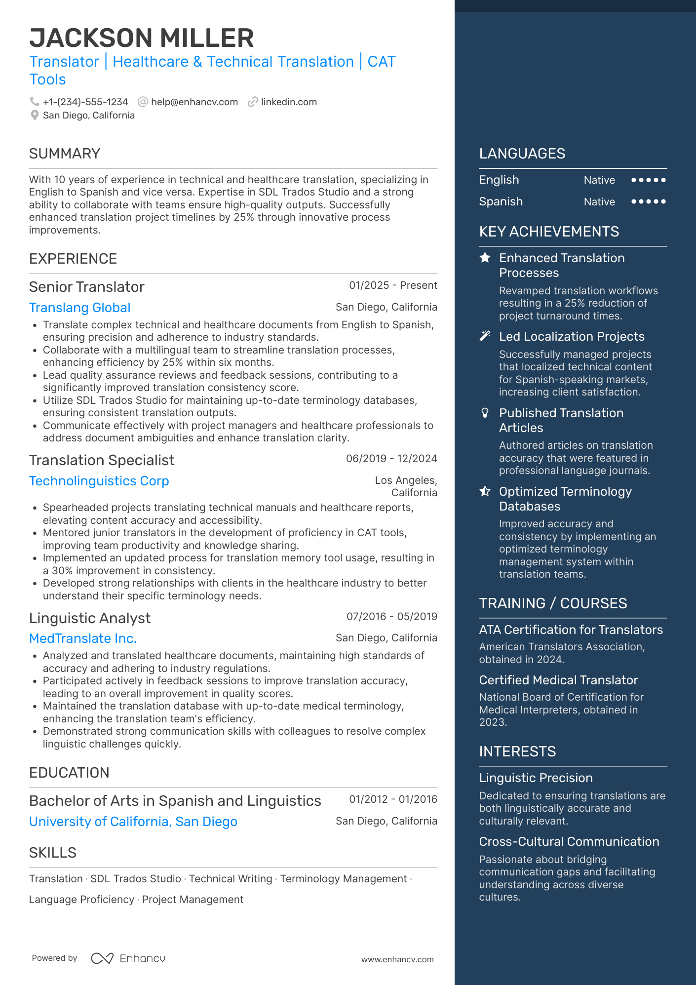 A resume example of a In house Translator
