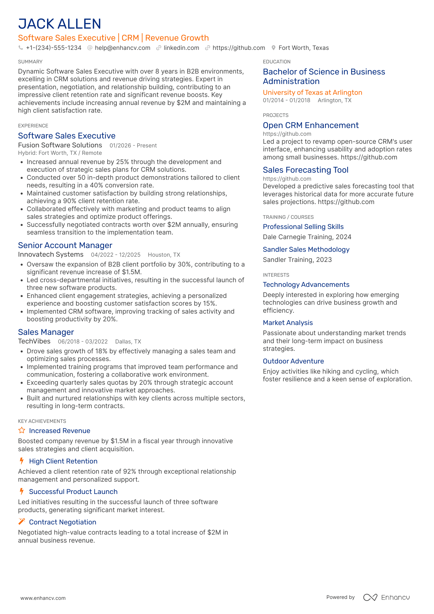 A resume example of a Software Sales Executive
