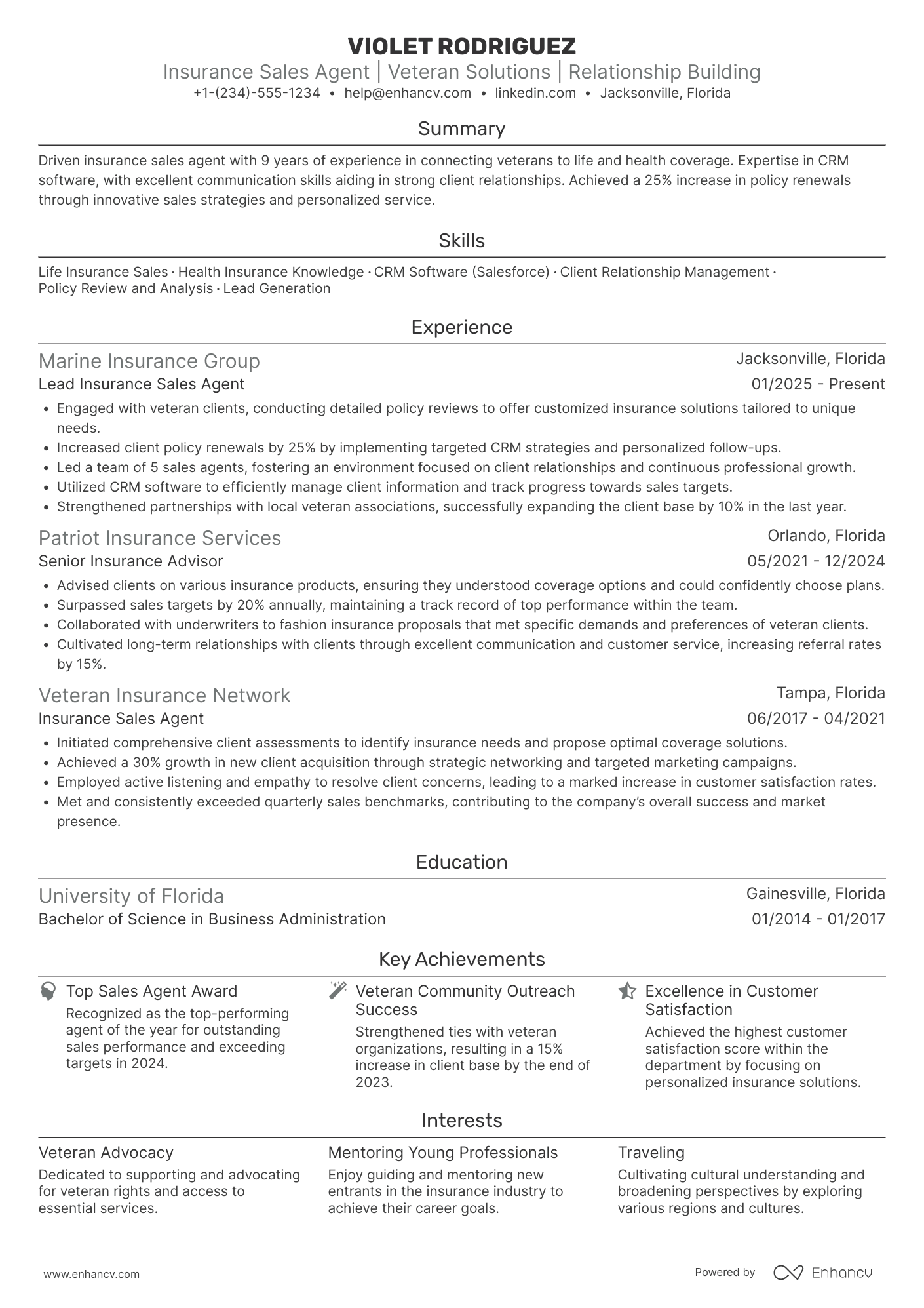 A resume example of a Veteran Insurance Sales Agent