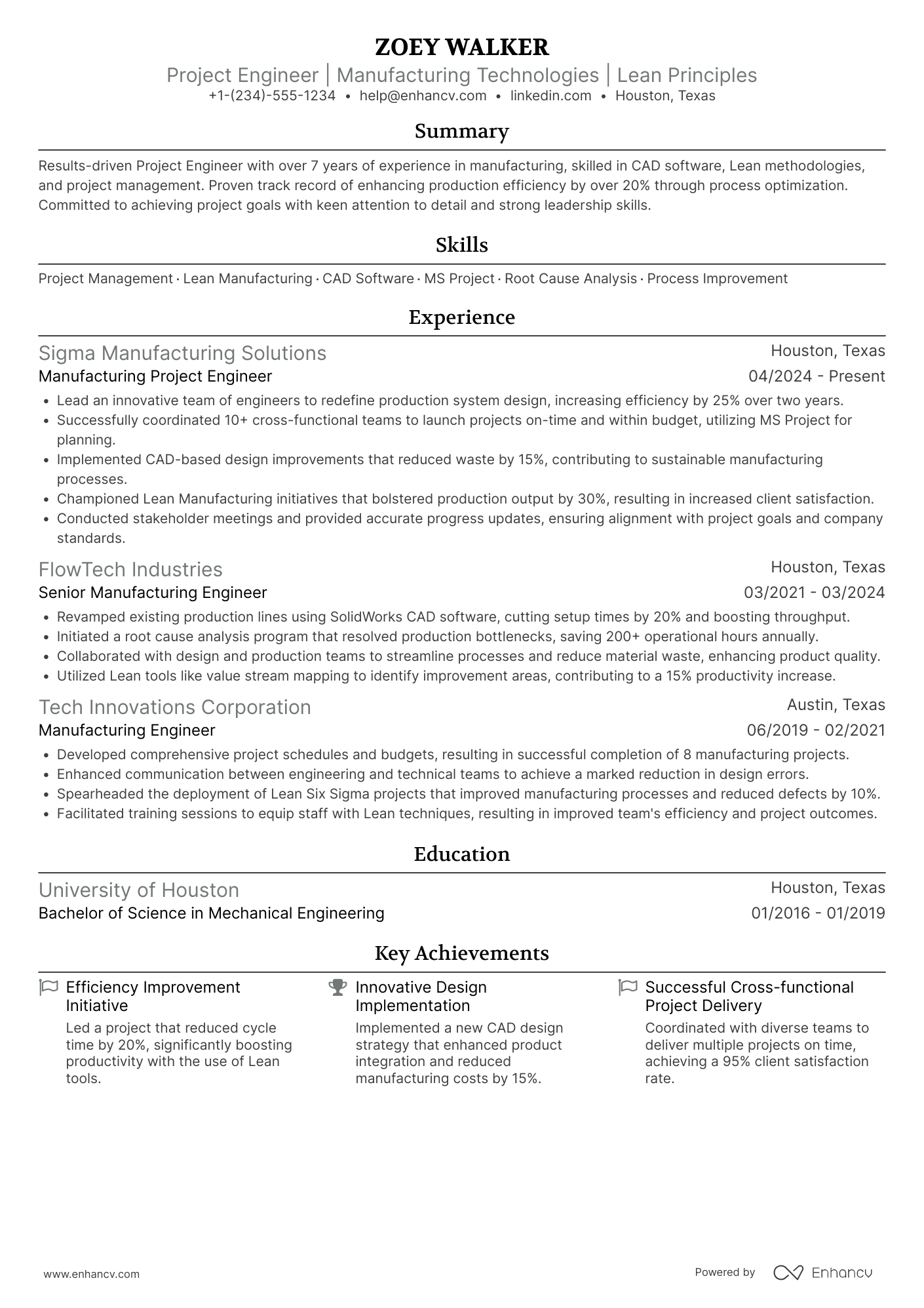 A resume example of a Manufacturing Project Engineer
