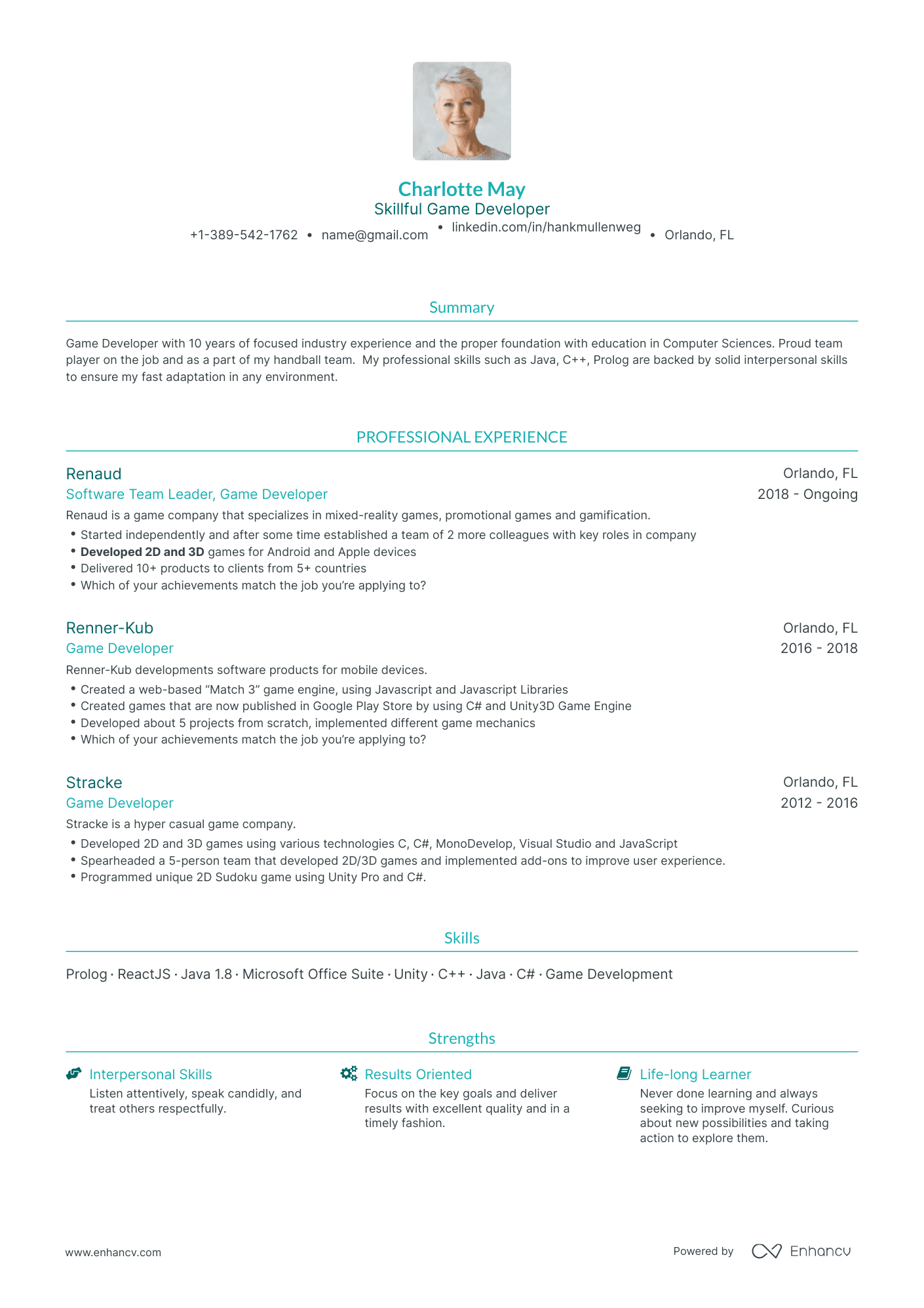 Traditional Game Developer Resume Template