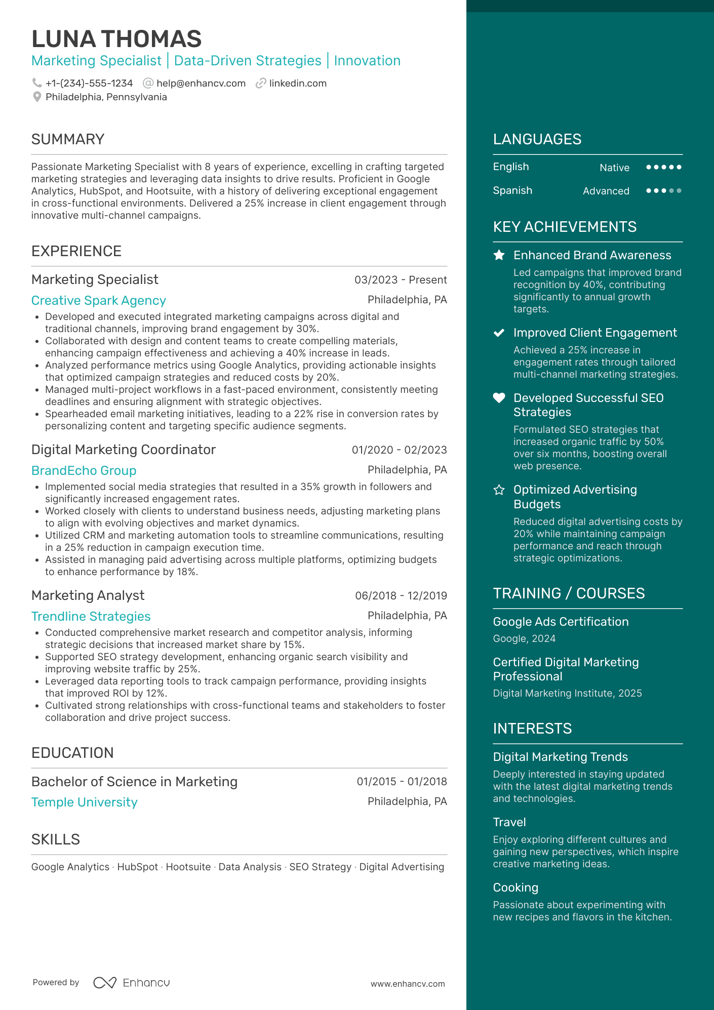 A resume example of a Marketing Specialist