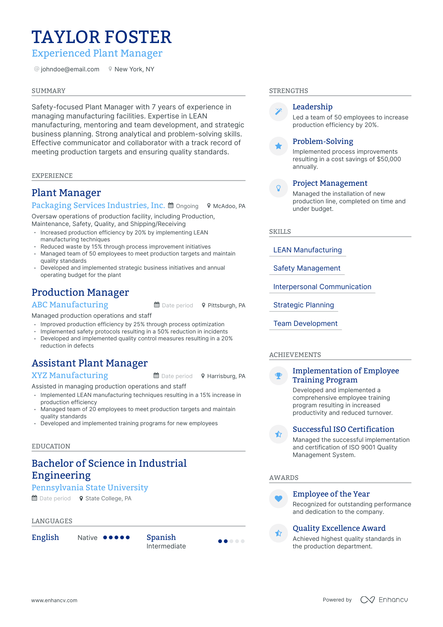 Modern Plant Manager Resume Template