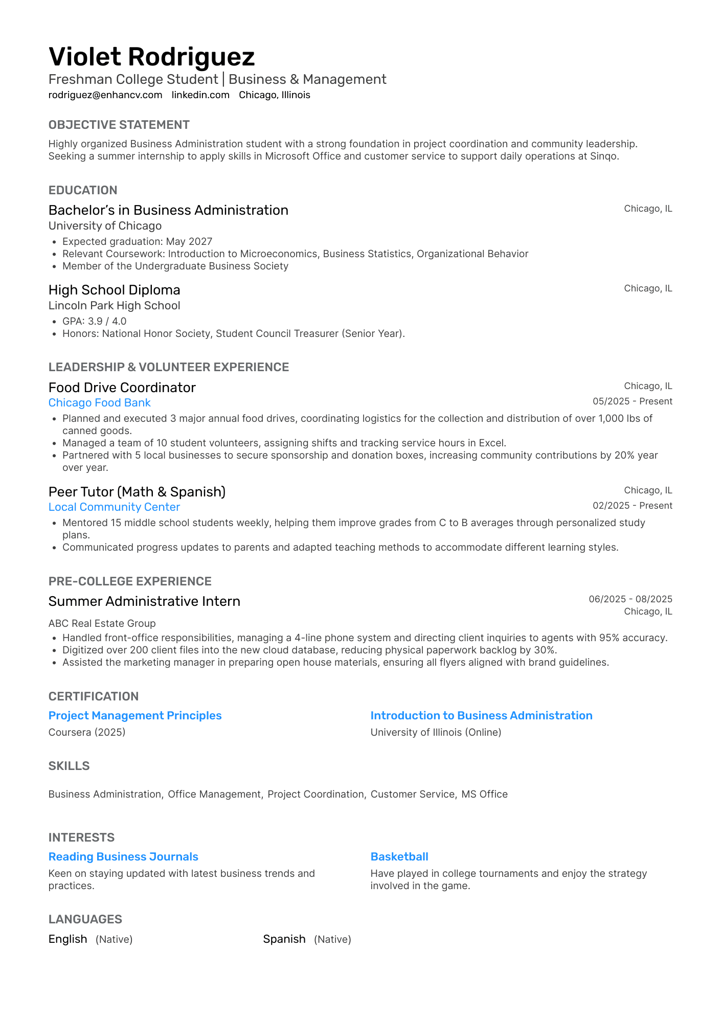 A resume example of a College Freshman