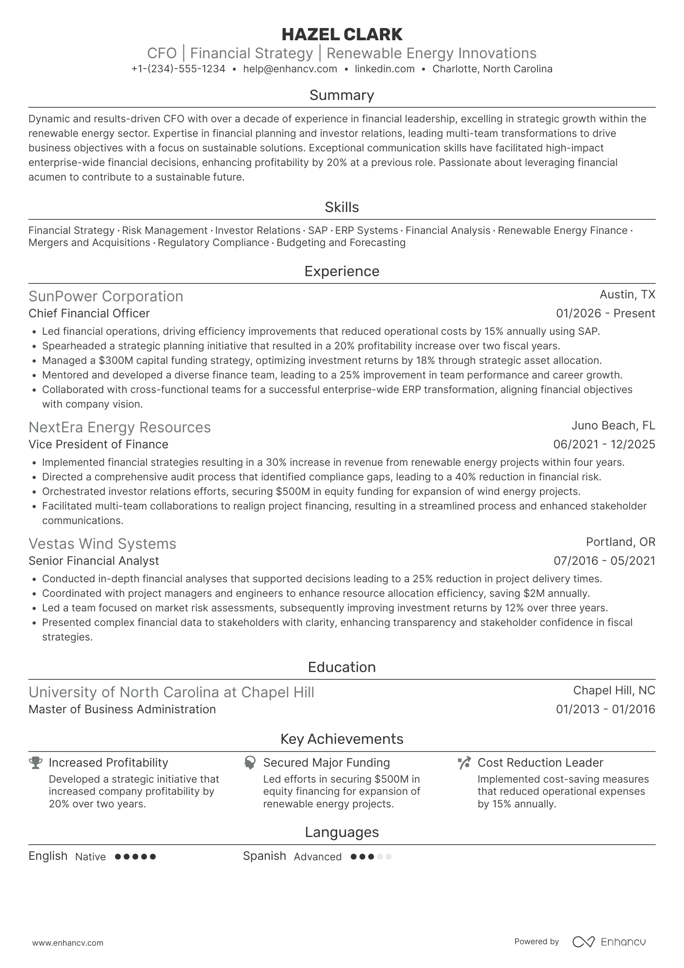 A resume example of a Chief Financial Officer