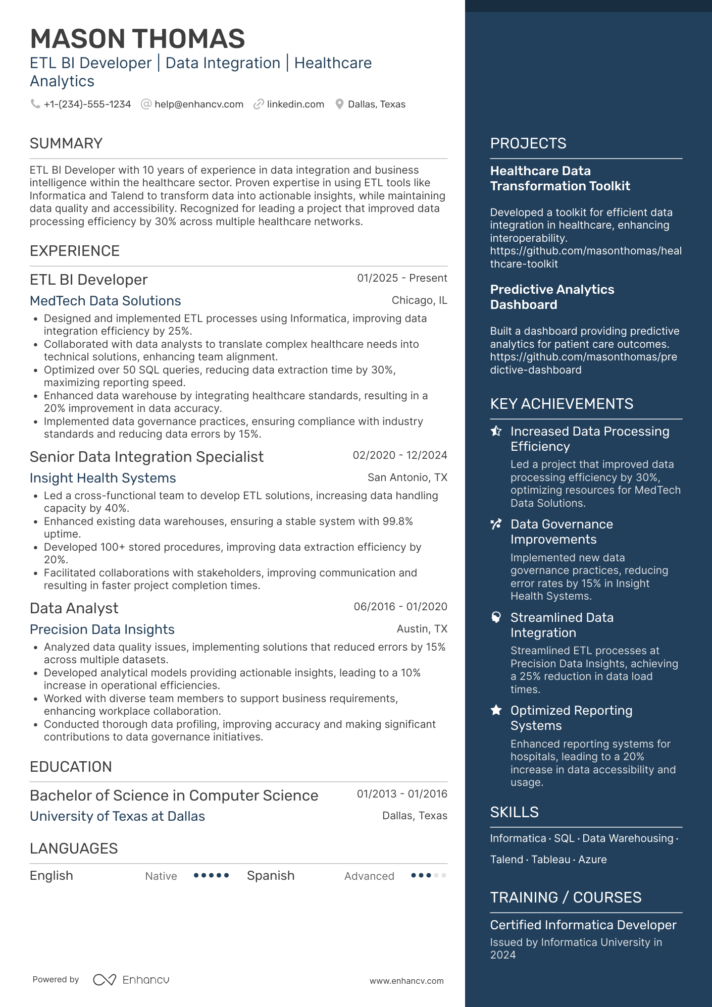 A resume example of a ETL BI Developer