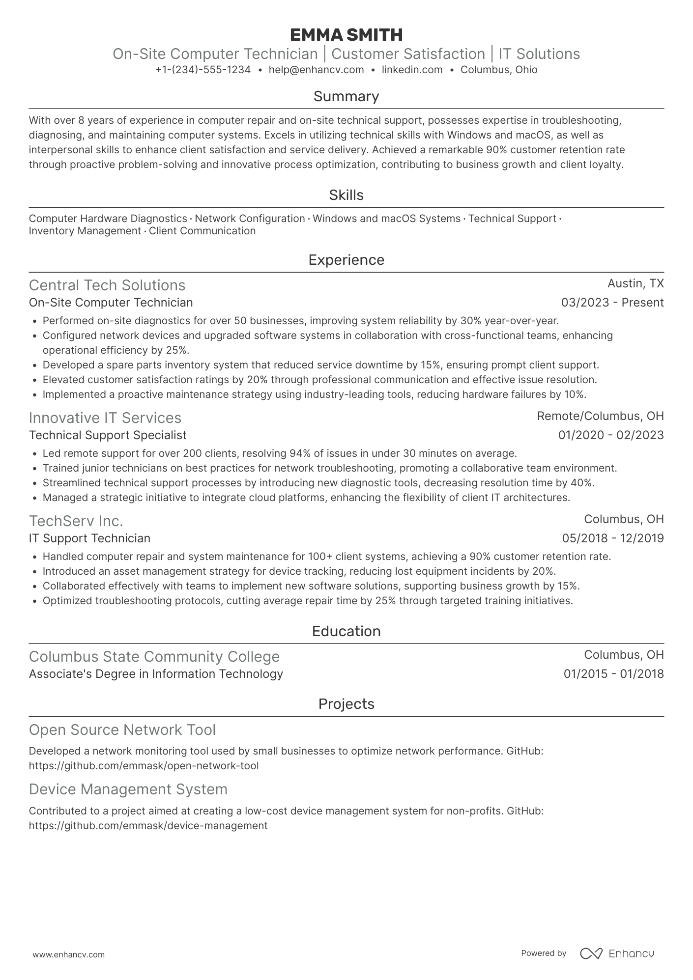 A resume example of a On Site Computer Technician