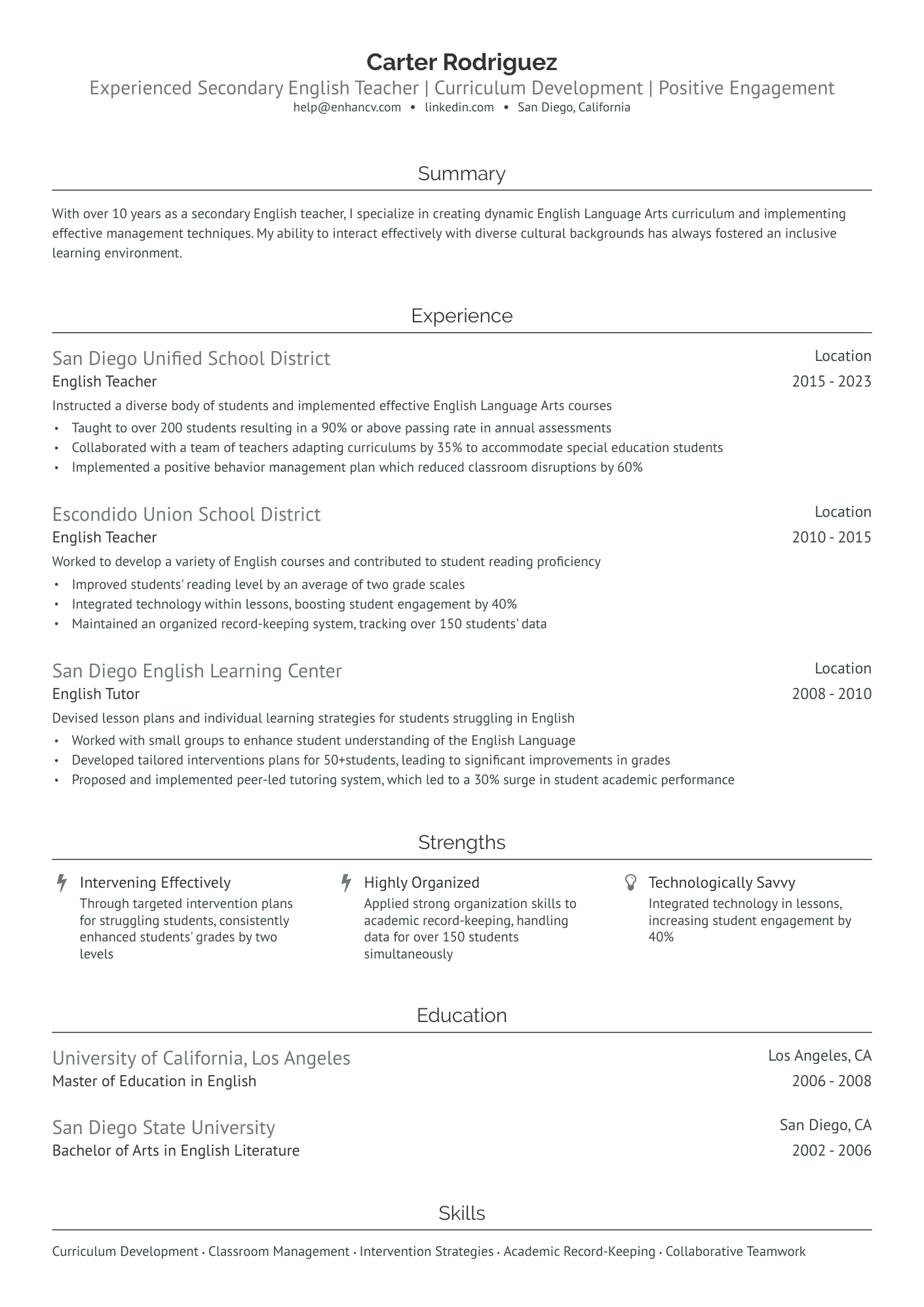 sample resume for english teacher with experience