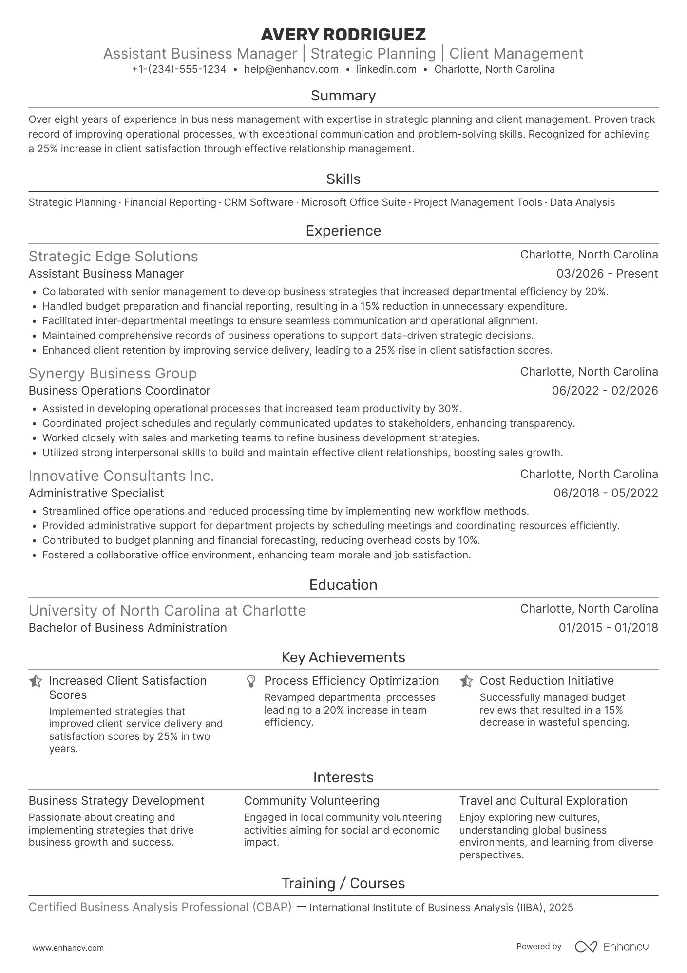 A resume example of a Assistant Business Manager