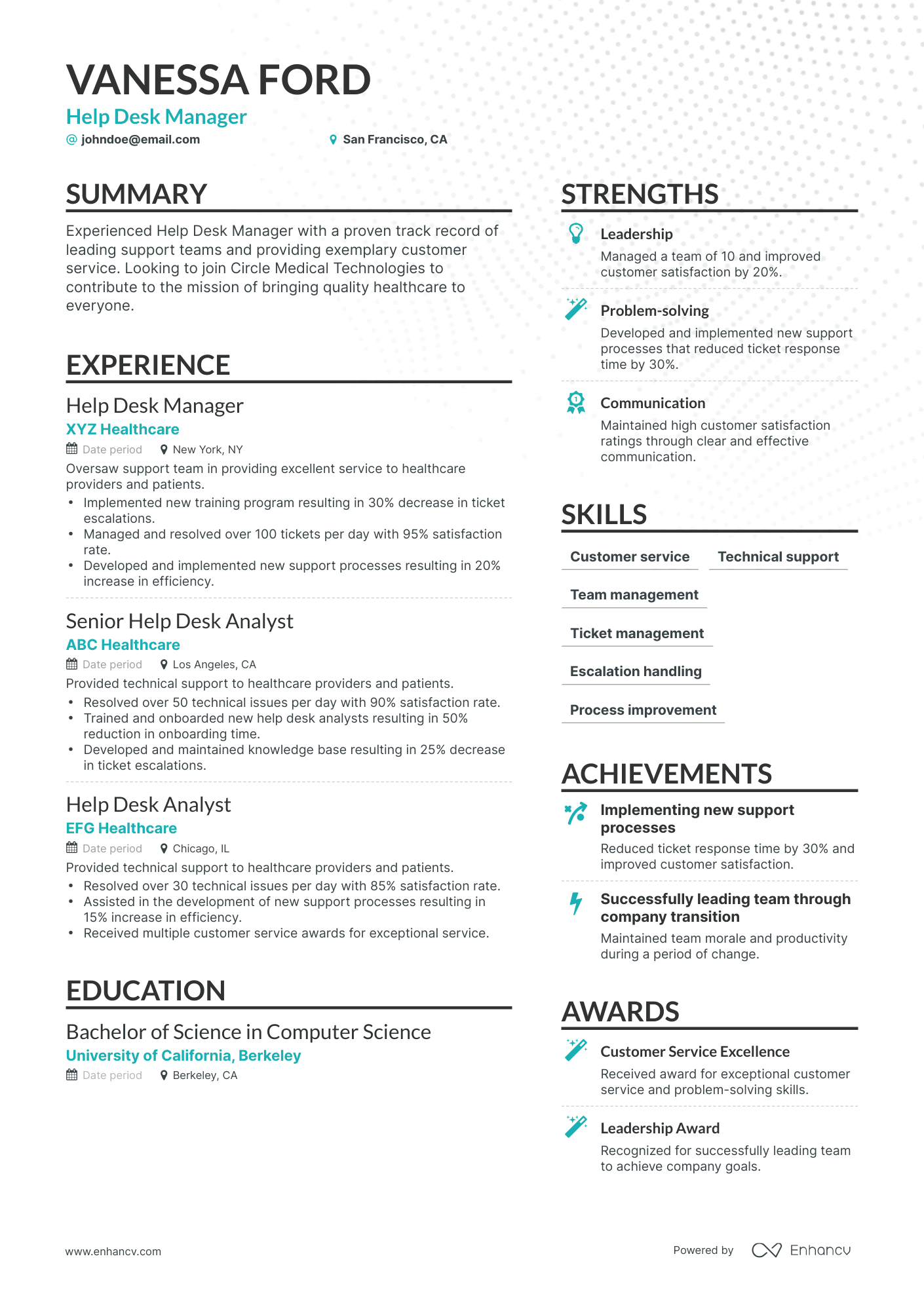 Simple Help Desk Manager Resume Template