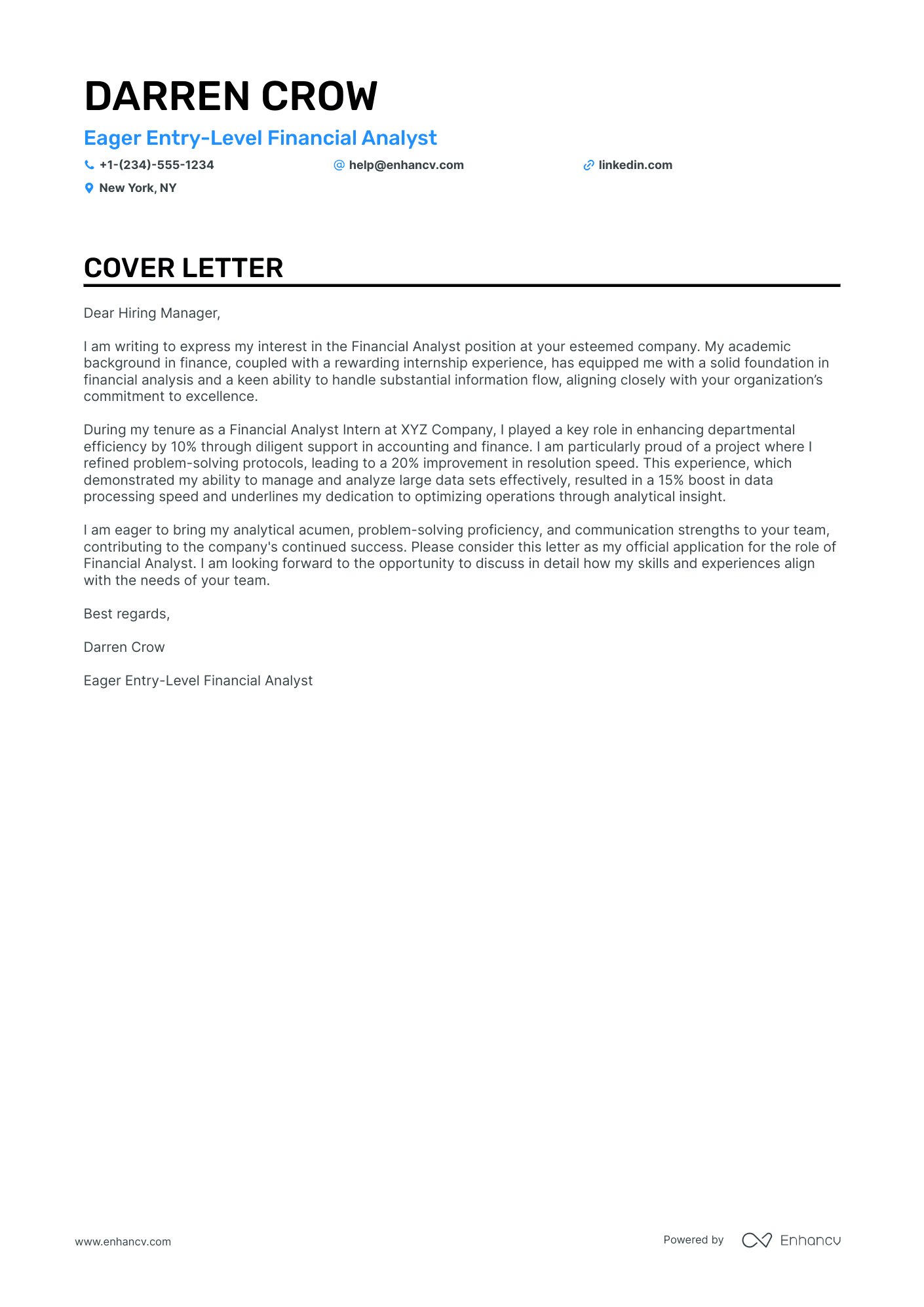 sample cover letter for financial analyst