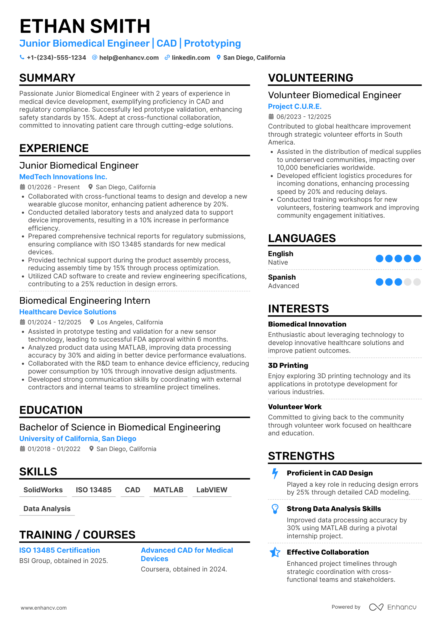 A resume example of a Junior Biomedical Engineer