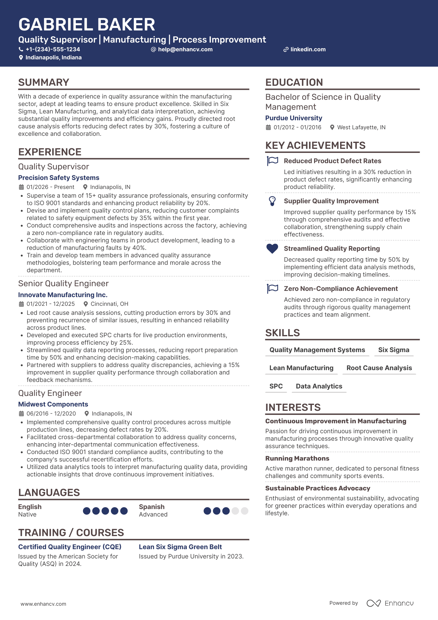 A resume example of a Quality Supervisor