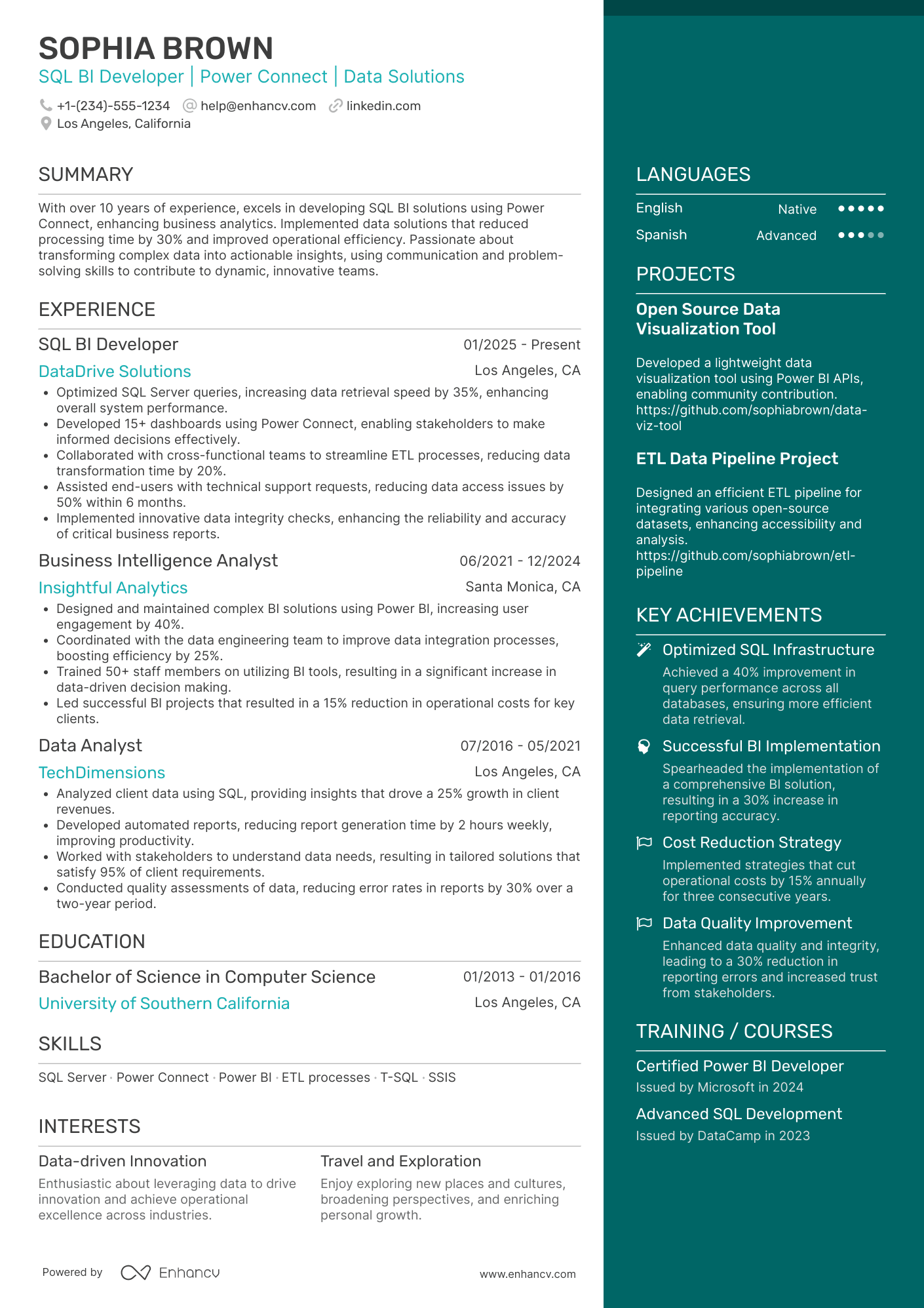 A resume example of a SQL BI Developer With Power Connect