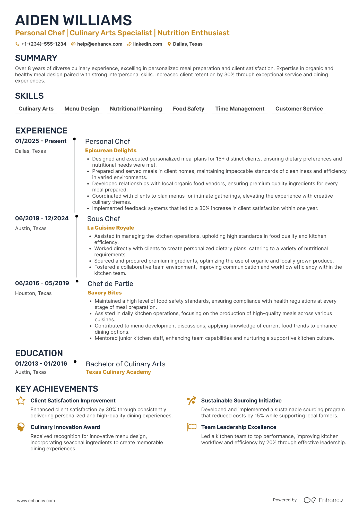 A resume example of a Personal Chef