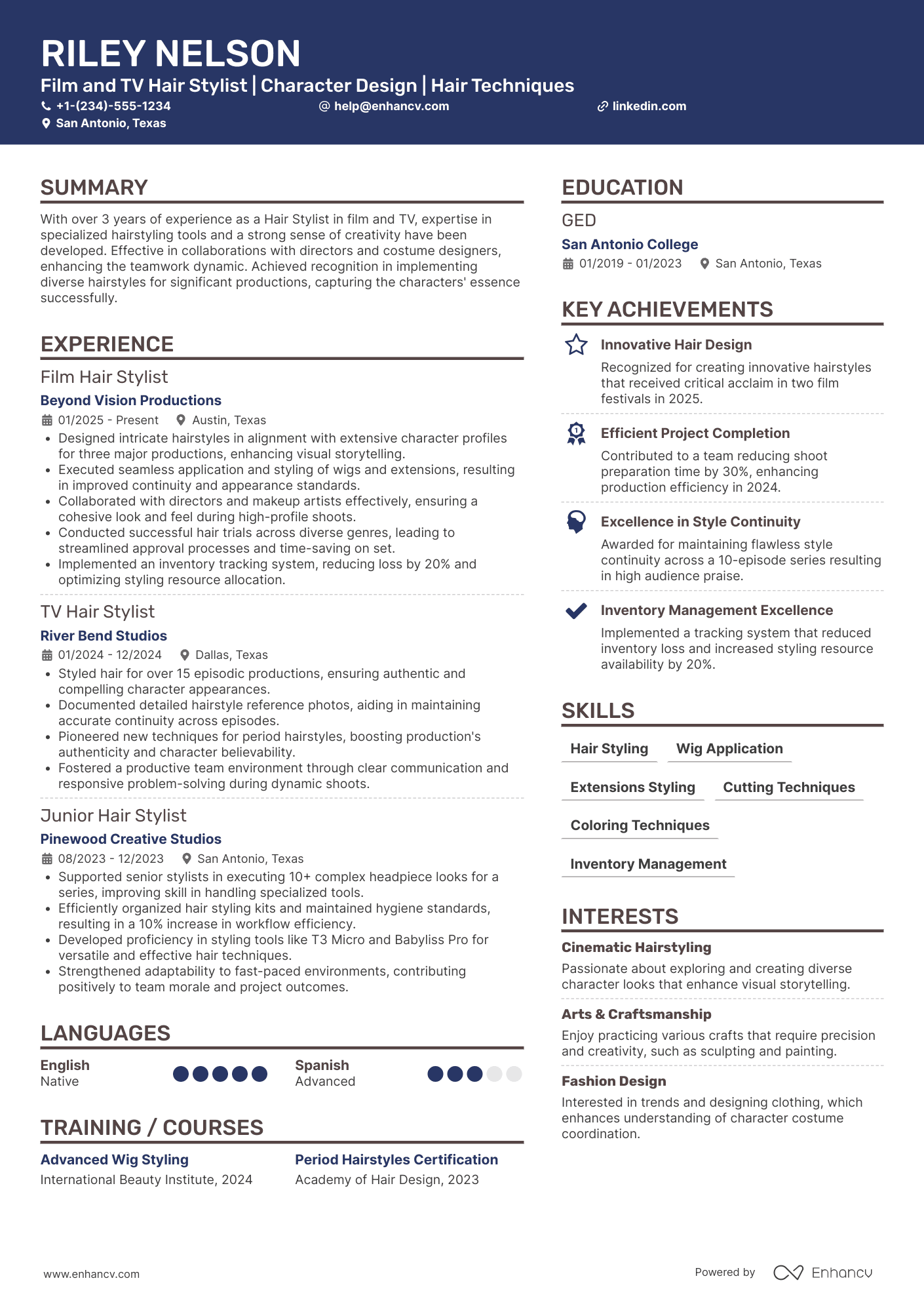 A resume example of a Film and TV Hair Stylist