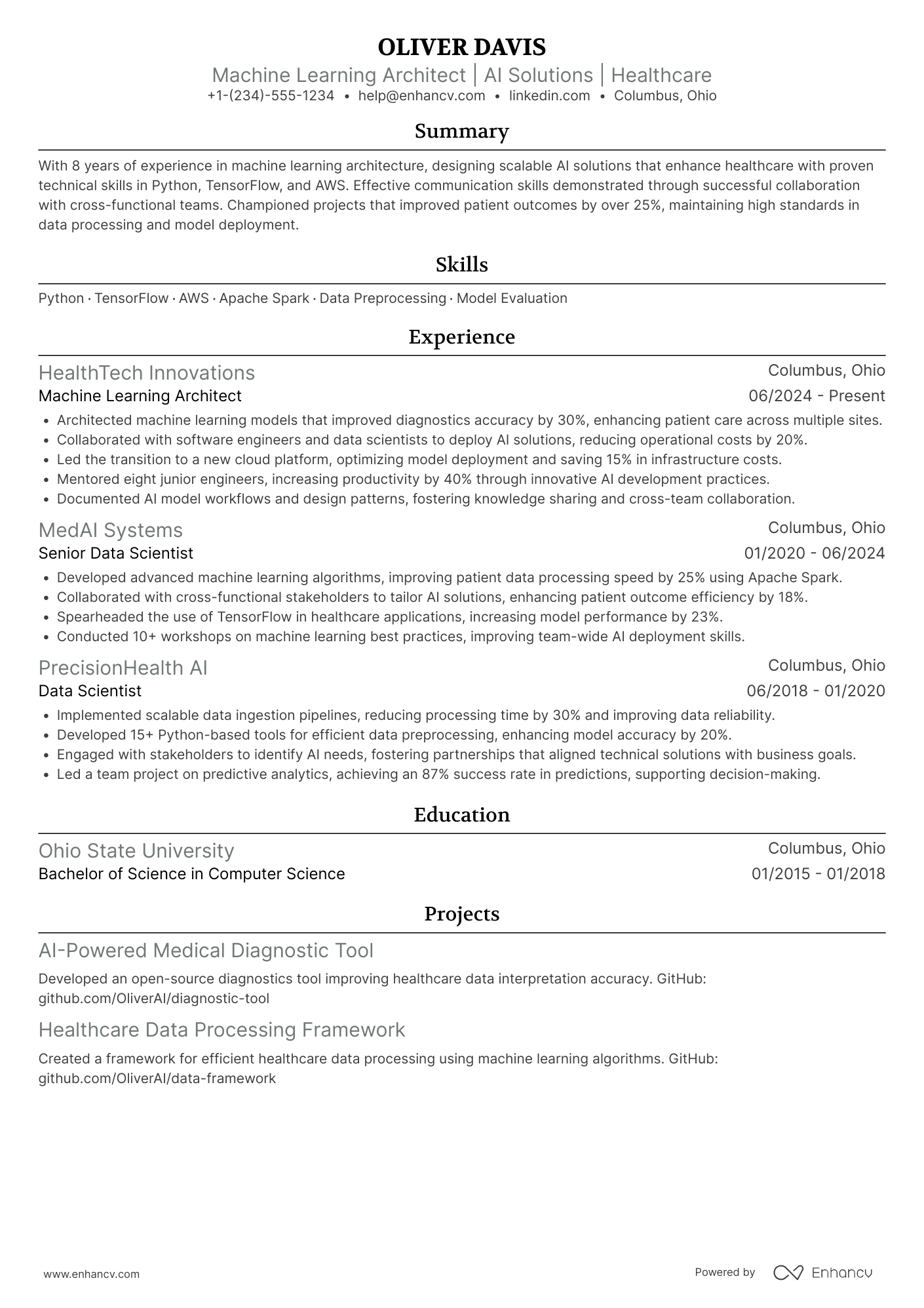 A resume example of a Machine Learning Architect