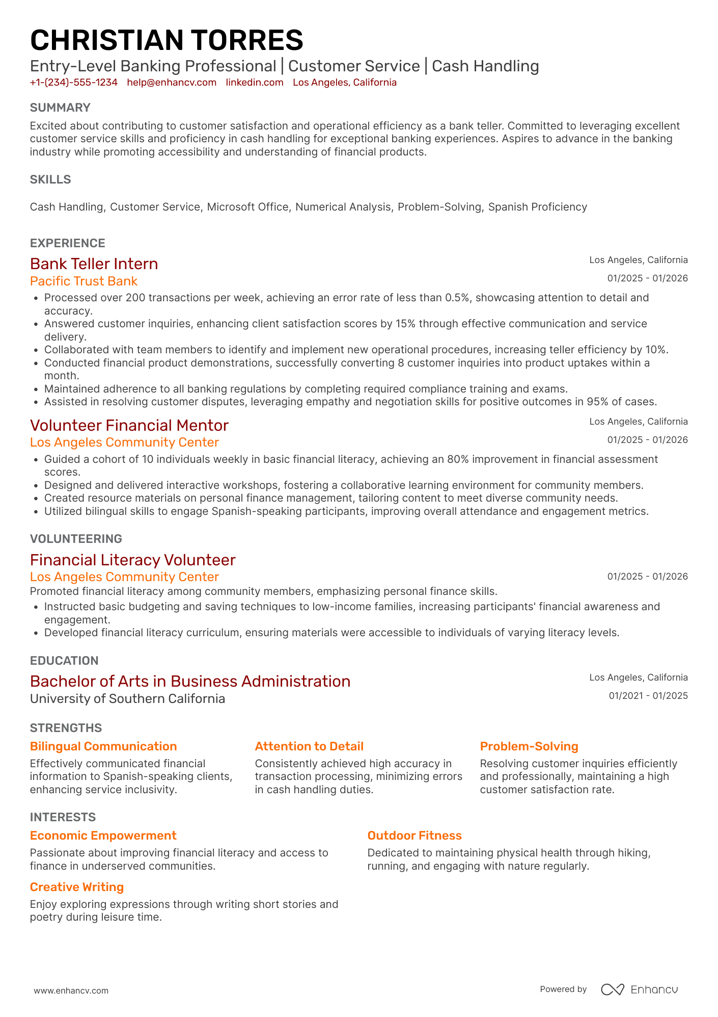 A resume example of a Entry Level Bank Teller