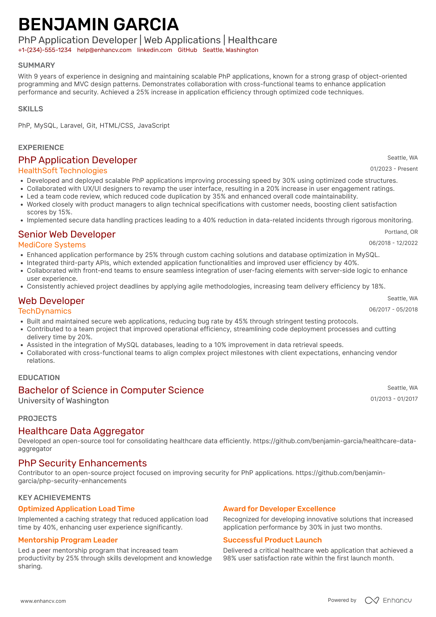 A resume example of a PhP Application Developer