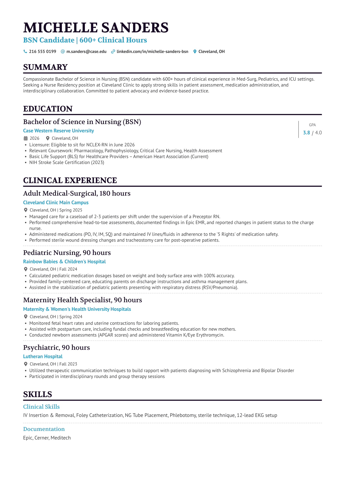 A resume example of a Nursing College Student