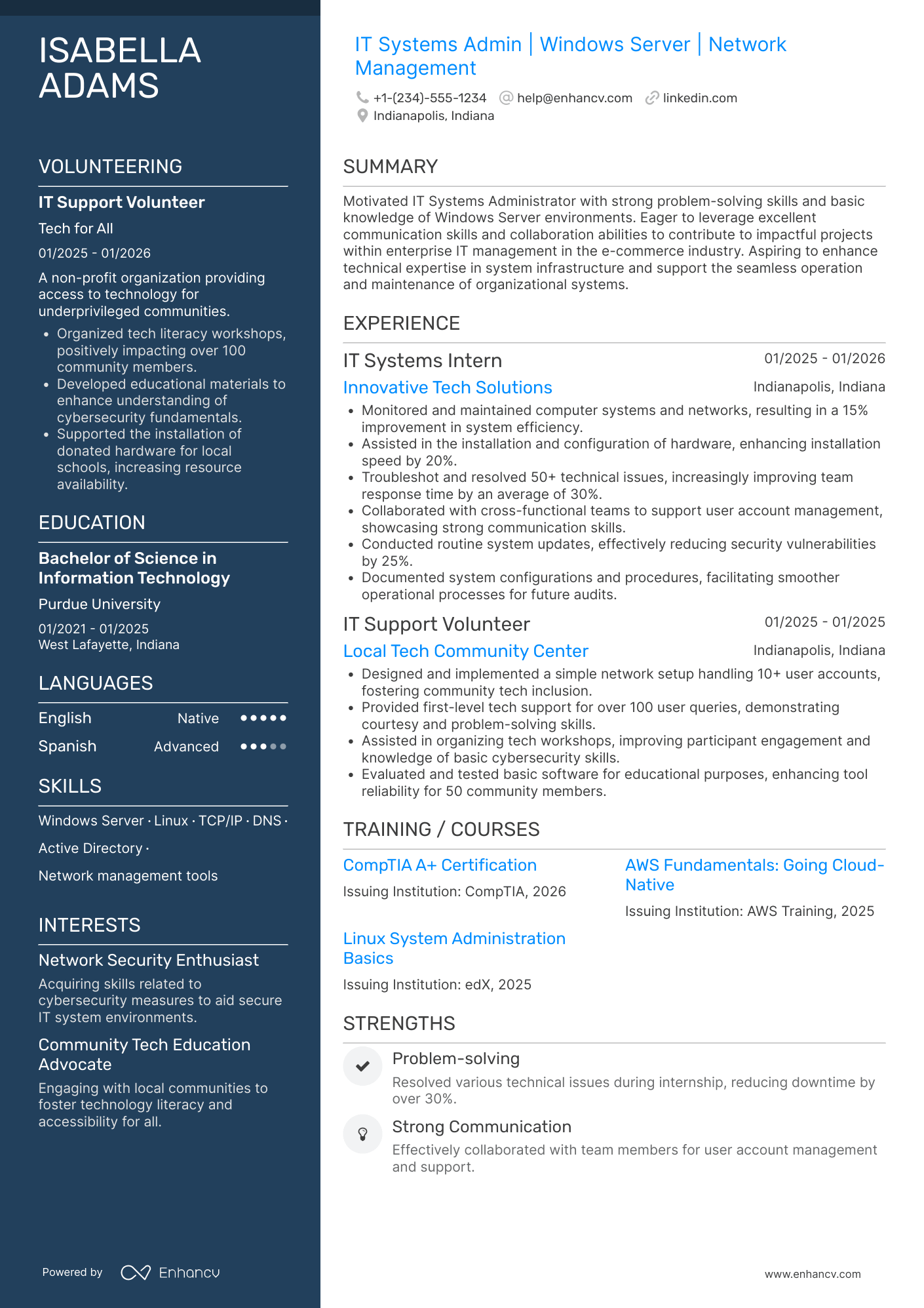 A resume example of a Entry Level IT Systems Administrator