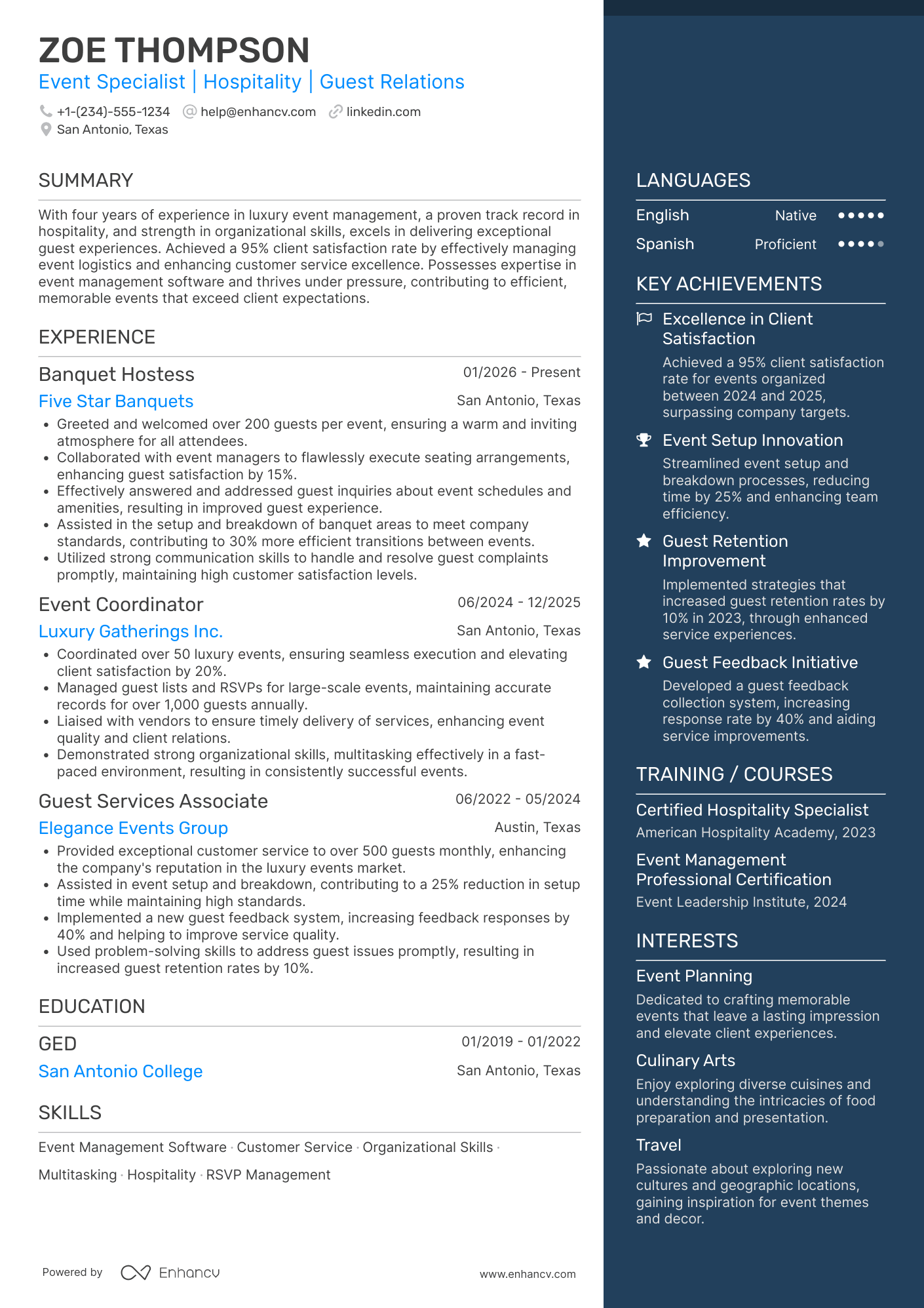 A resume example of a Banquet Hostess