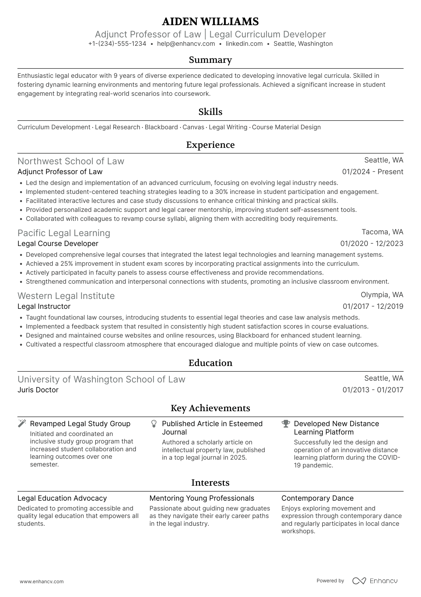 A resume example of a Adjunct Professor of Law