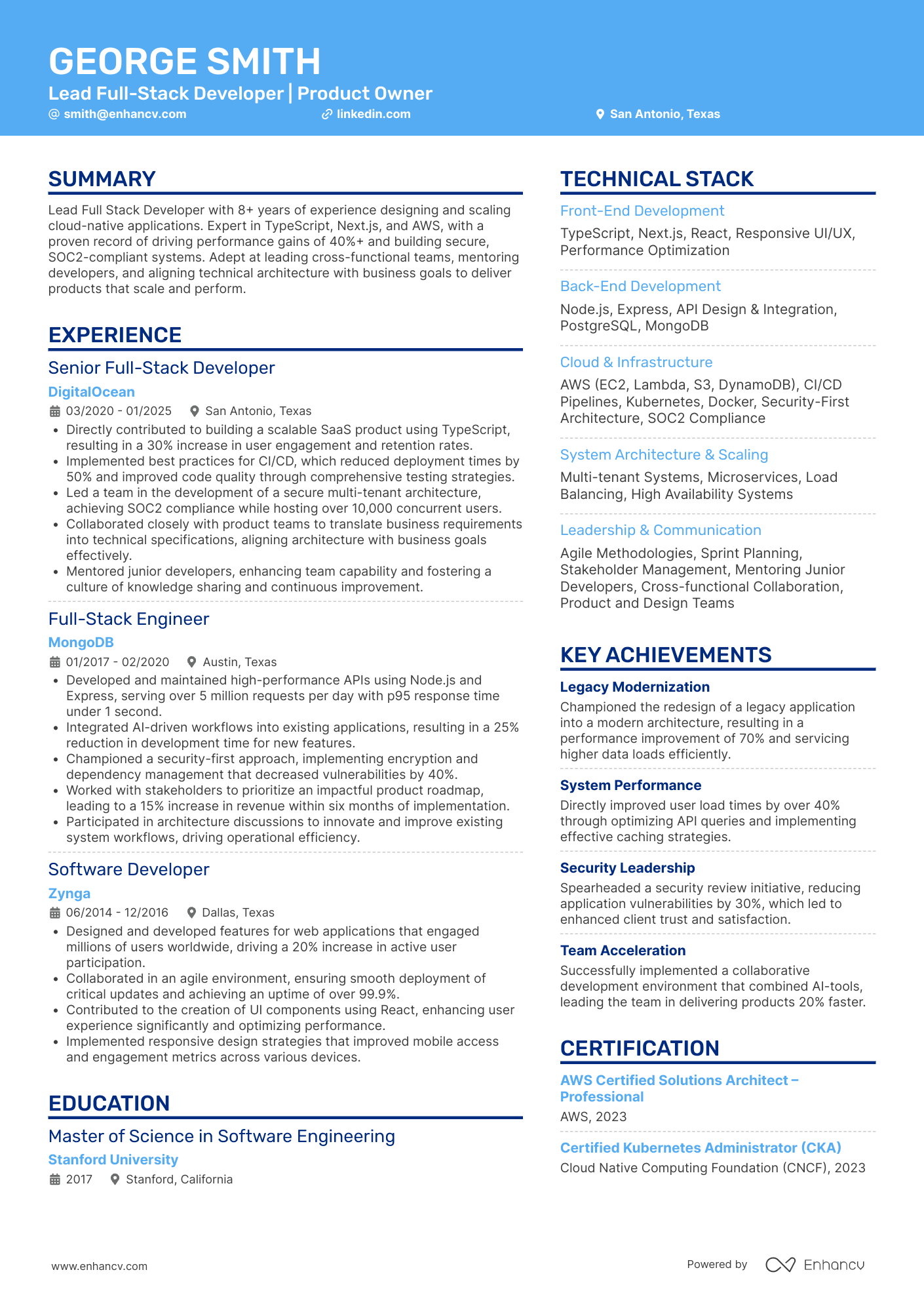 A resume example of a Lead Full Stack Developer
