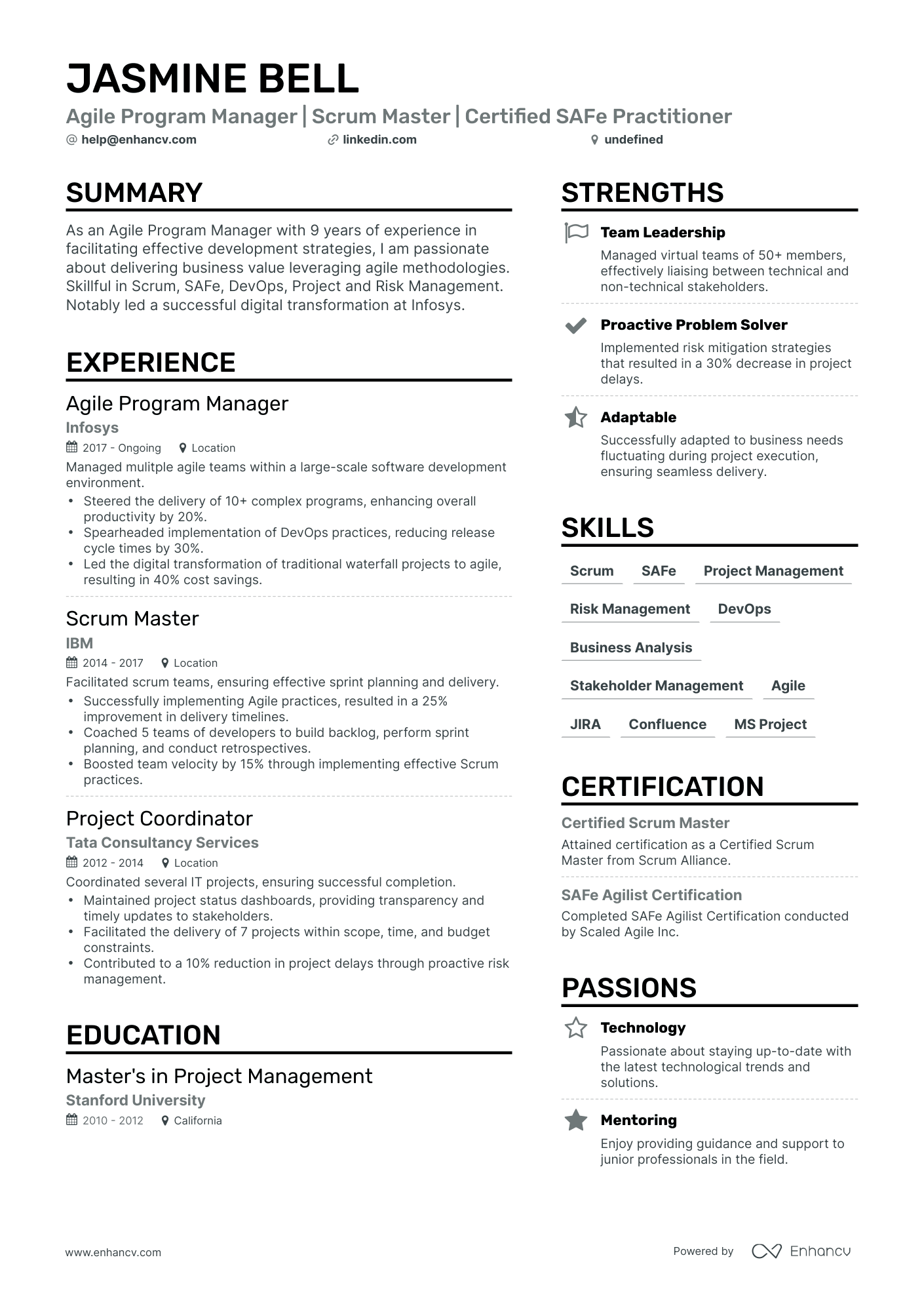 undefined Agile Program Manager Resume Template