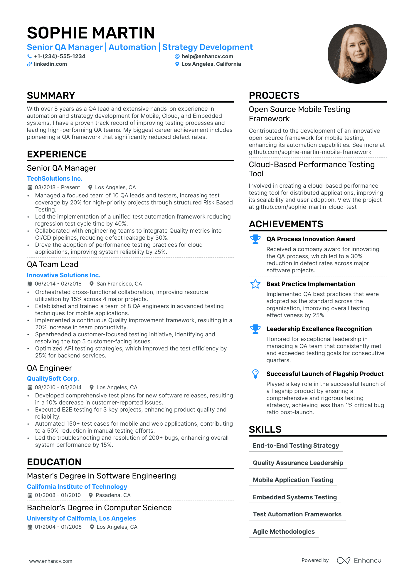 A resume example of a Software QA Manager