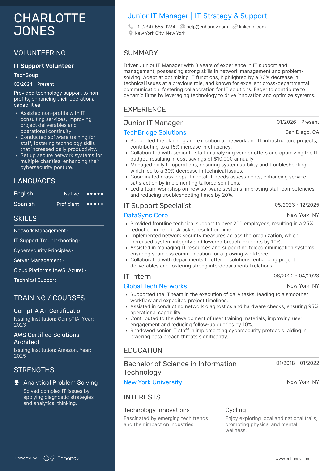 A resume example of a Junior IT Manager