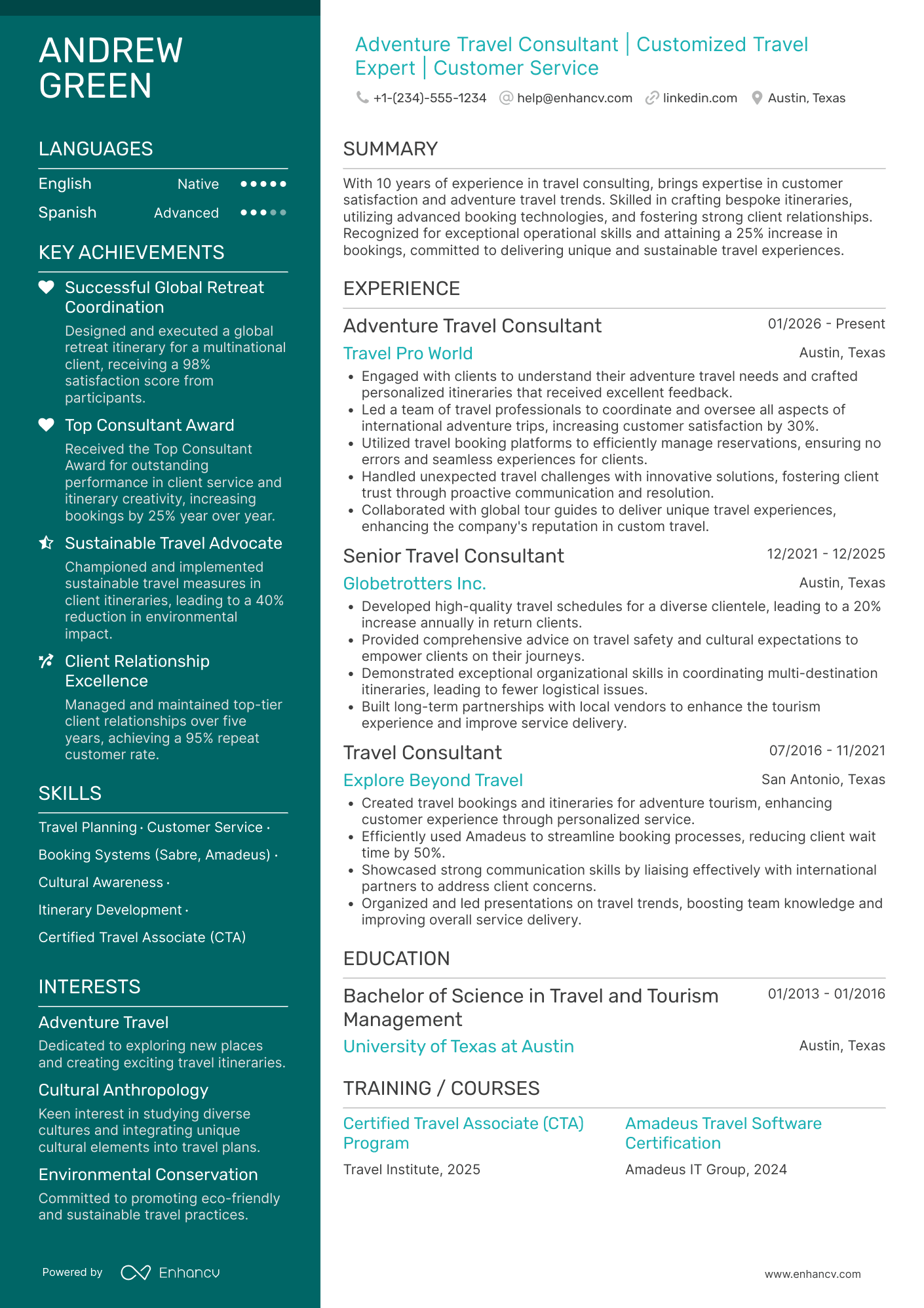 A resume example of a Adventure Travel Consultant