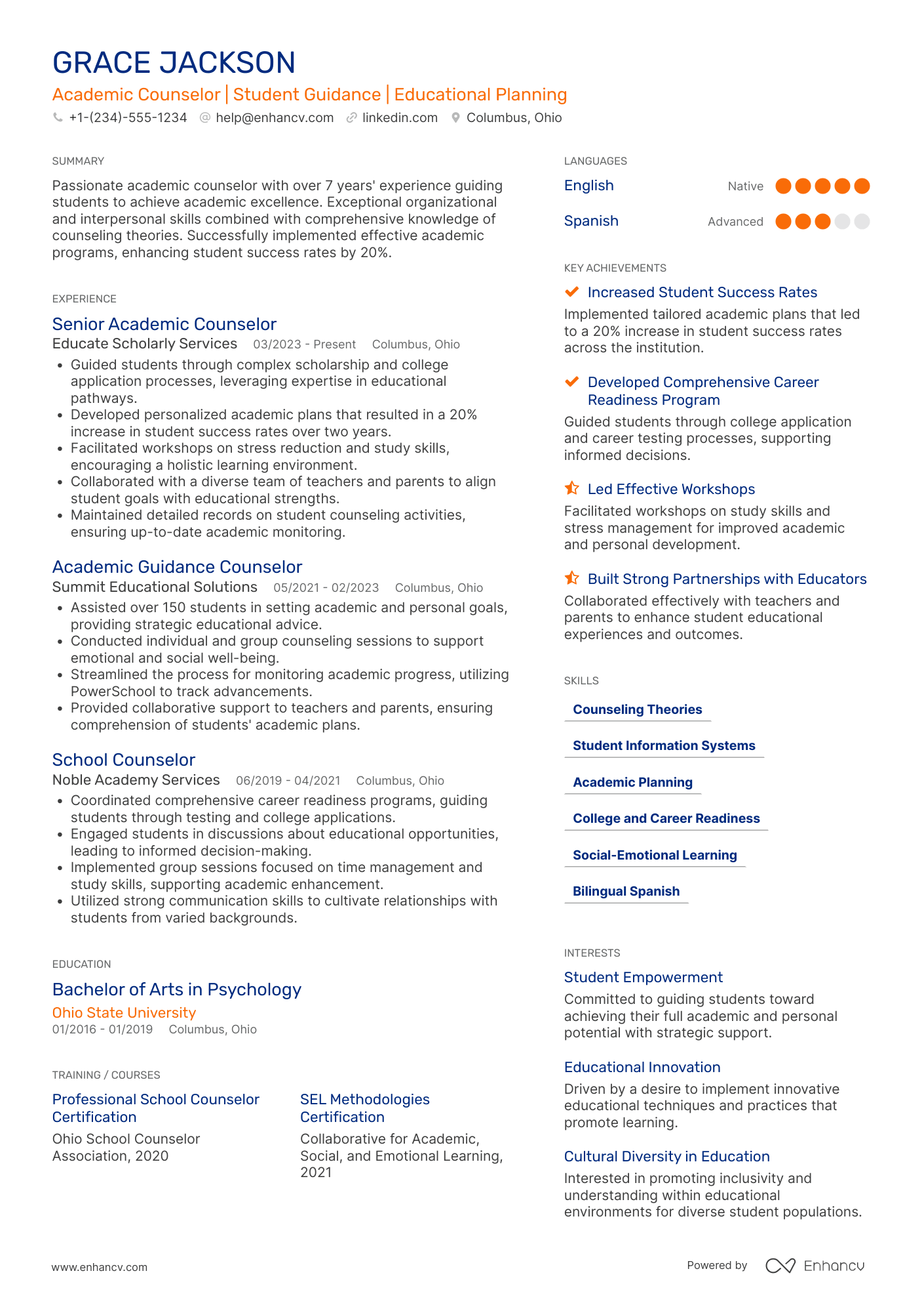 A resume example of a School Academic Counselor